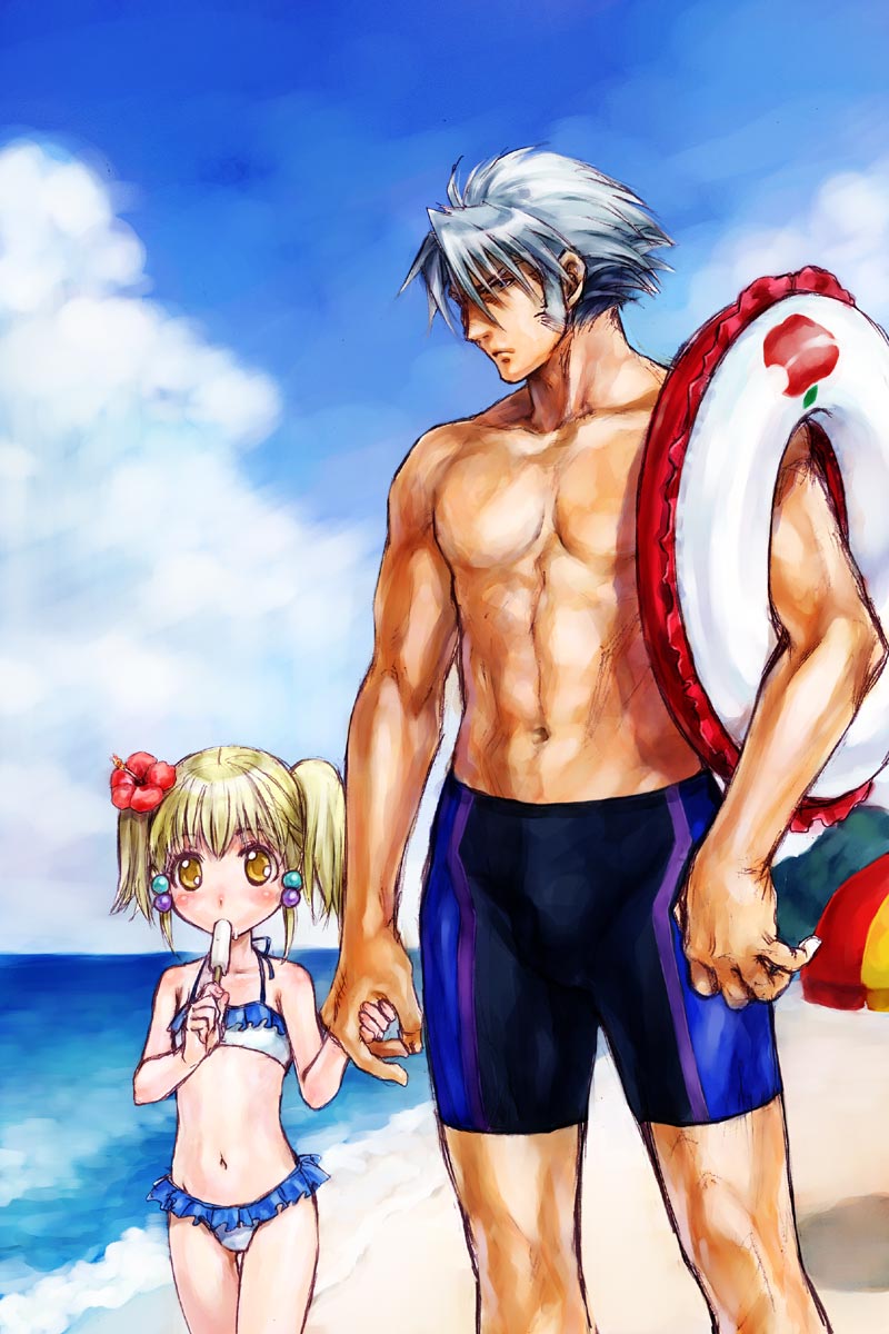 nakamura kanko, irui guneden, sanger zonvolt, banpresto, super robot wars, highres, 1boy, 1girl, age difference, beach, bikini, blonde hair, day, eating, flower, food, grey hair, hair flower, hair ornament, hibiscus, holding hands, outdoors, popsicle, short twintails, size difference, swimsuit, twintails