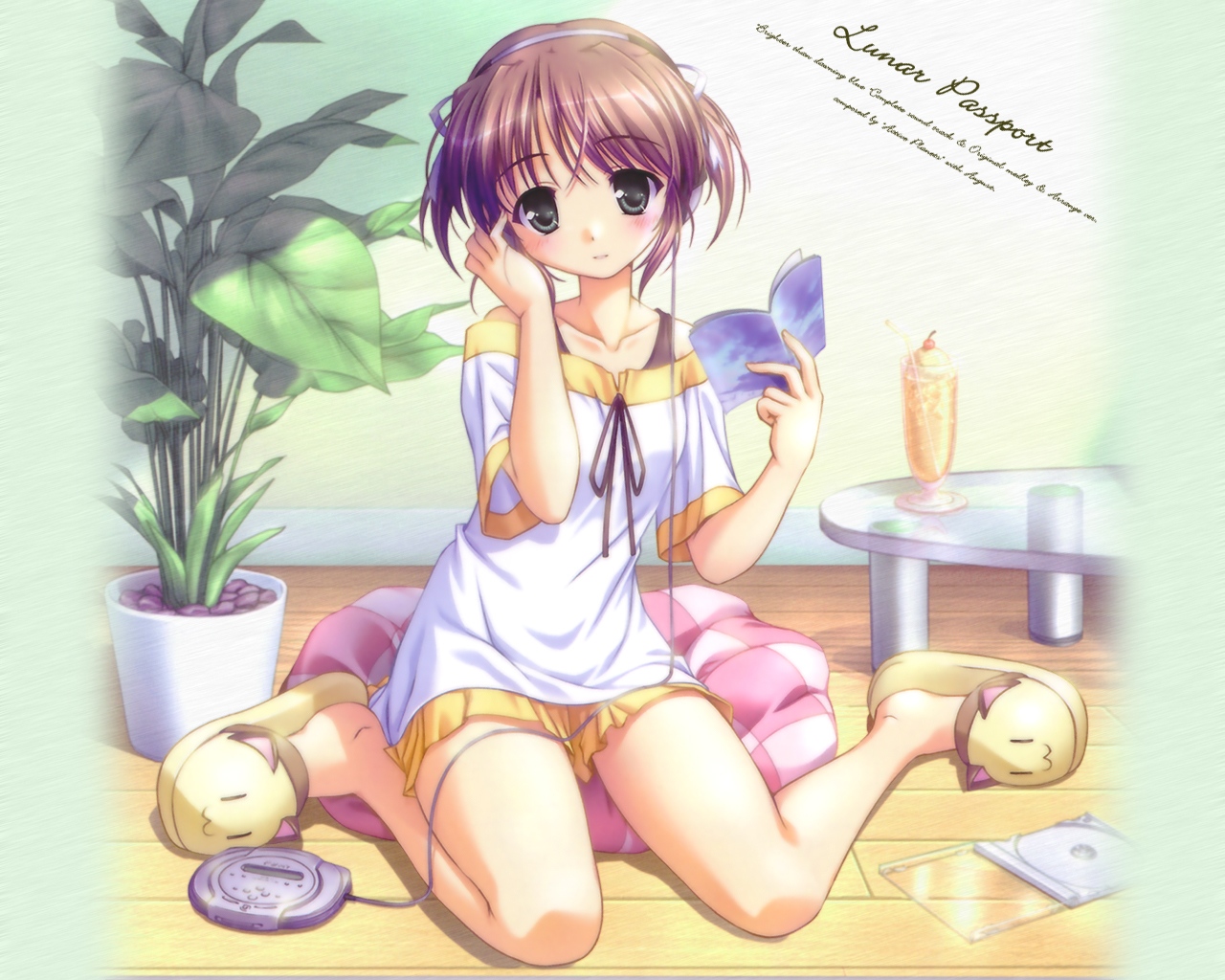bekkankou, asagiri mai, yoake mae yori ruri iro na, 1girl, black eyes, blush, brown hair, cd player, cd walkman, cushion, dress, earphones, female focus, food, glass, hand on own ear, headphones, ice cream, indoors, kneeling, plant, potted plant, short dress, short hair, short twintails, sitting, skirt, slippers, solo, sundae, table, twintails, wooden floor