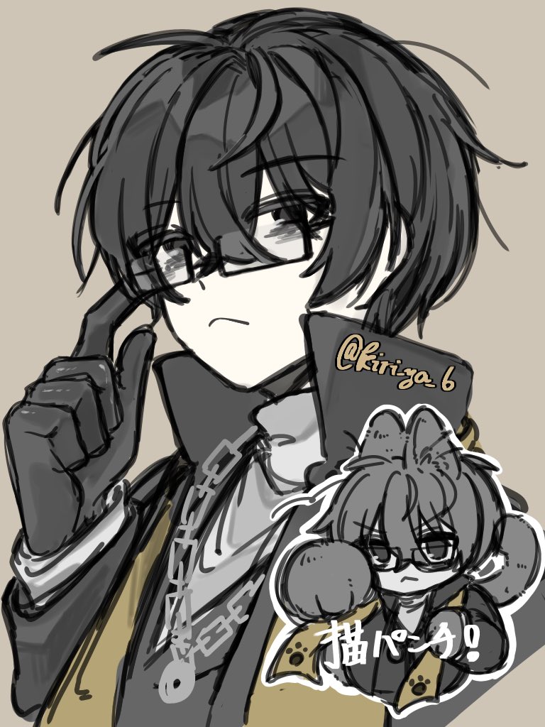 yi sang (project moon), limbus company, project moon, commentary request, translation request, 1boy, :<, adjusting eyewear, animal ears, bags under eyes, black eyes, black gloves, black hair, black jacket, black vest, chain, chain necklace, dieci association south uniform, double-parted bangs, fox ears, fox tail, glasses, gloves, hair between eyes, incoming attack, incoming punch, jacket, jewelry, kiri ya 6, looking at viewer, male focus, necklace, official alternate costume, person and furrification, popped collar, punching, scarf, short hair, solo, tail, vest, yellow scarf