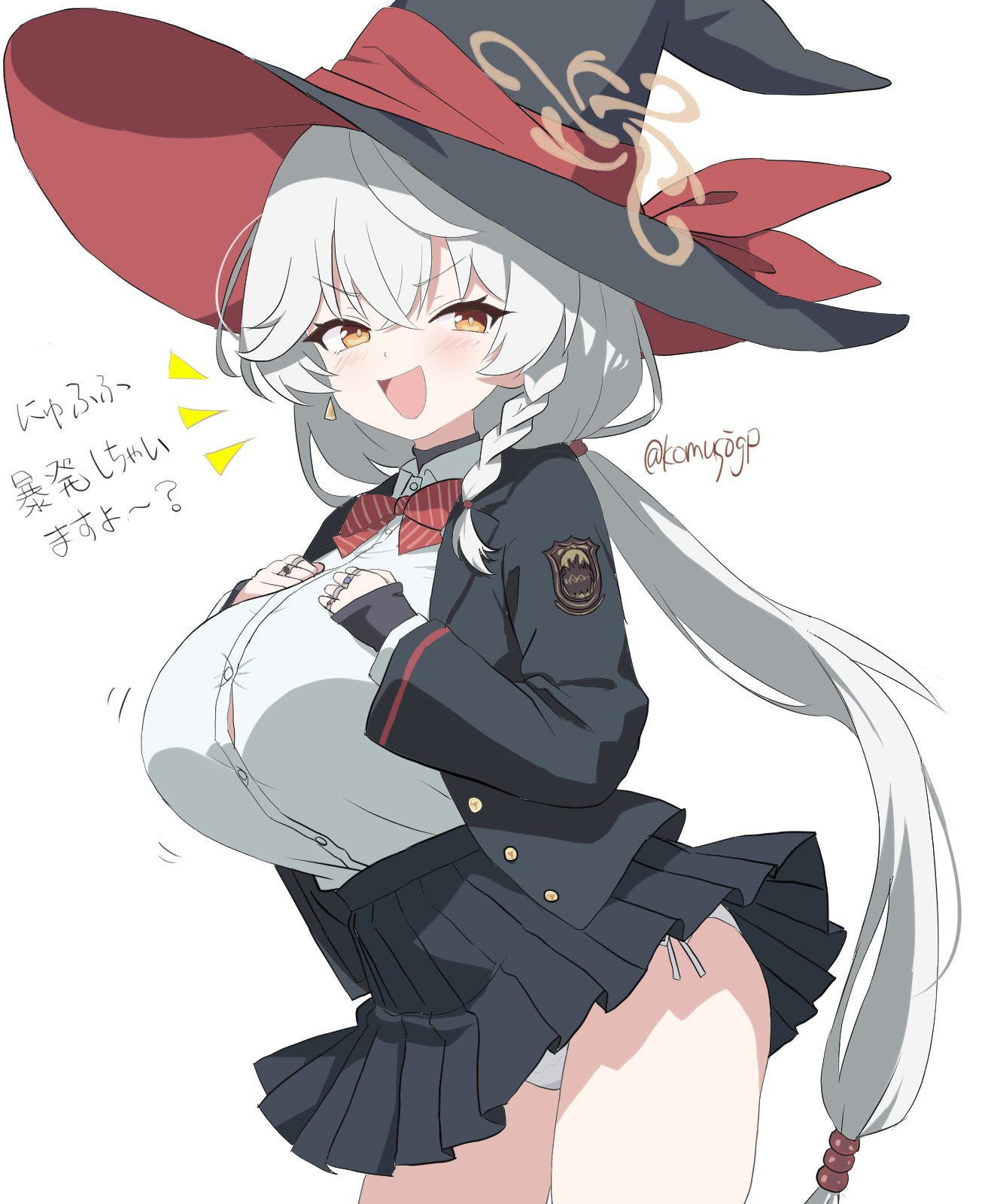 eri (blue archive), blue archive, blush stickers, bow, bowtie, braid, breasts, earrings, halo, hat, jacket, jewelry, large breasts, long coat, long hair, looking to the side, panties, ring, shirt, side-tie panties, skirt, sleeves past wrists, sweater, thighs, underwear, white hair, witch hat