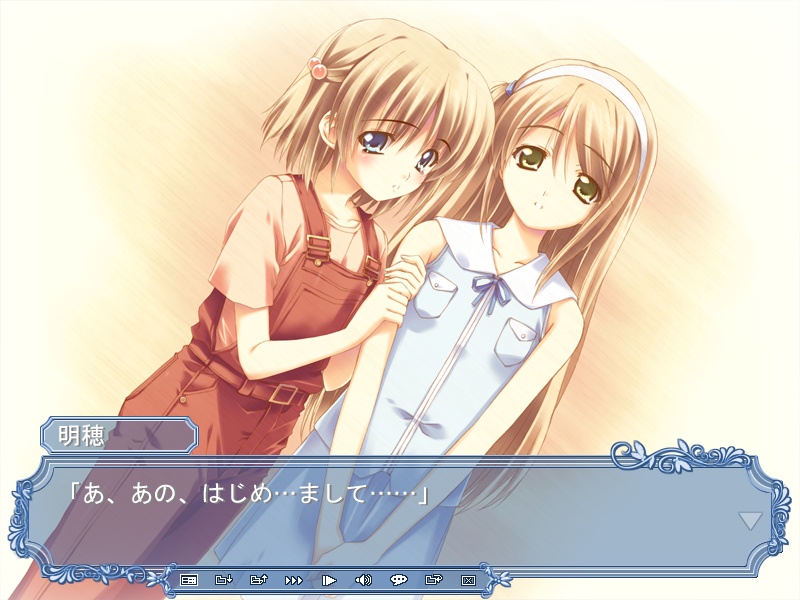 kusukusu, nonosaki akiho, nonosaki tsubasa, moshimo ashita ga hare naraba, game cg, translated, 2girls, multiple girls, one side up, overalls, visual novel