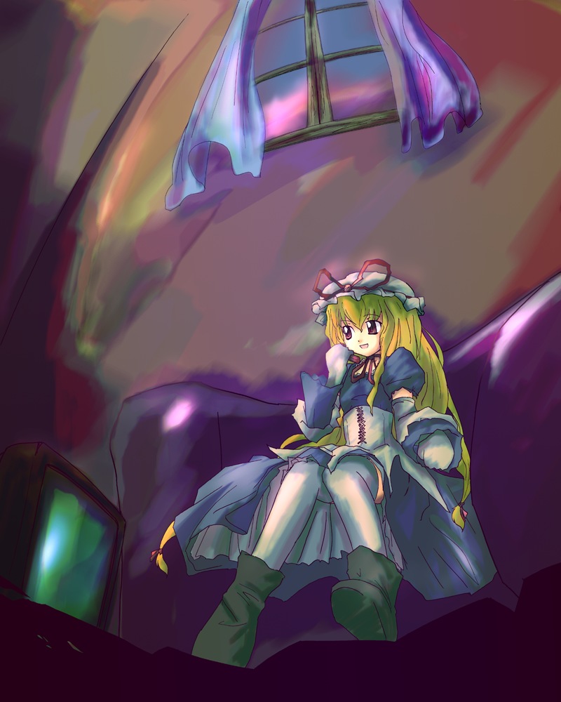 neki-t, yakumo yukari, touhou, 1girl, blonde hair, female focus, hat, mob cap, solo, thighhighs