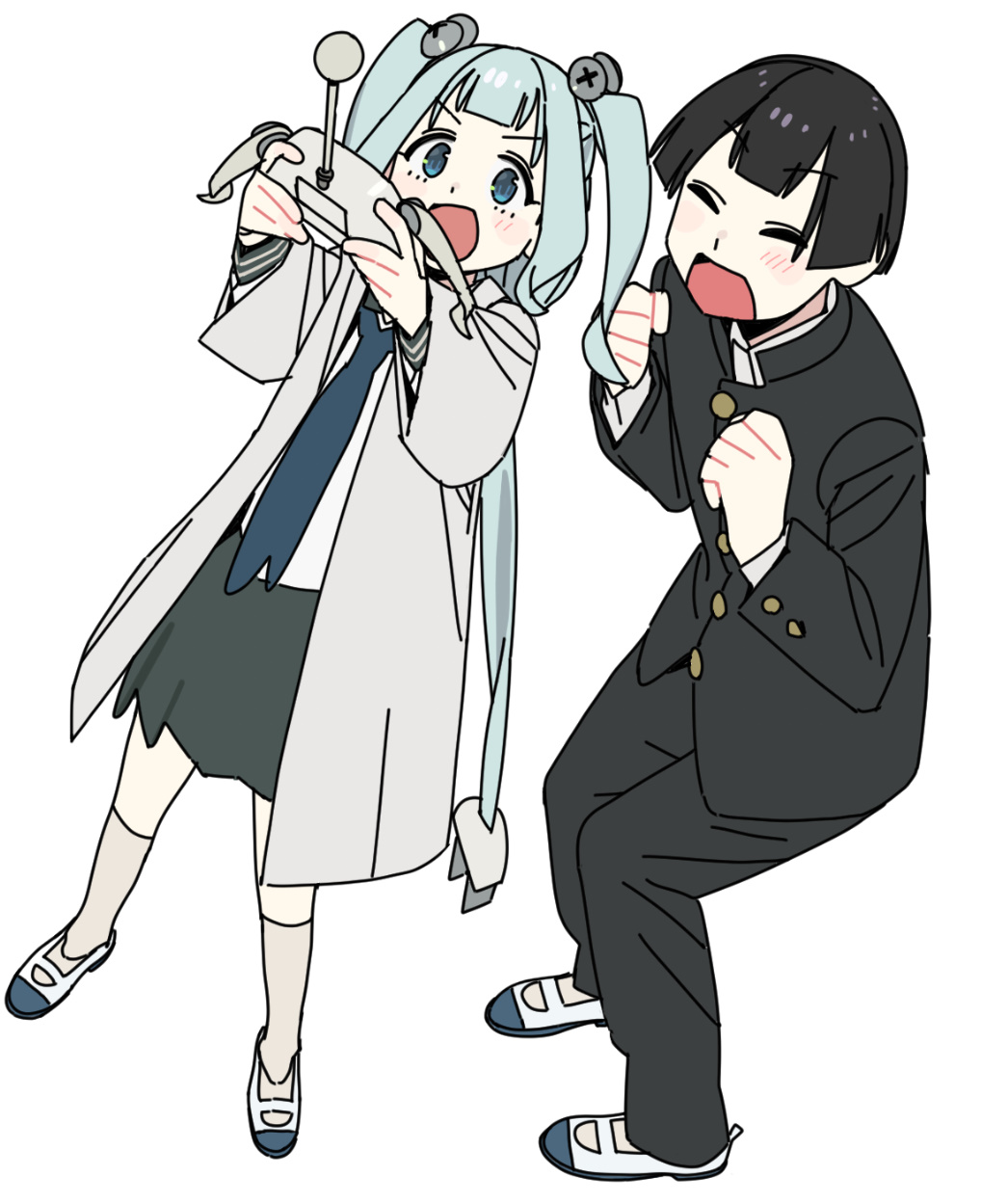 imamura ryou, aoki tatsuko, seitokai ni mo ana wa aru!, highres, 1boy, 1girl, blue eyes, controller, grey hair, ponytail, skirt, twintails, white background