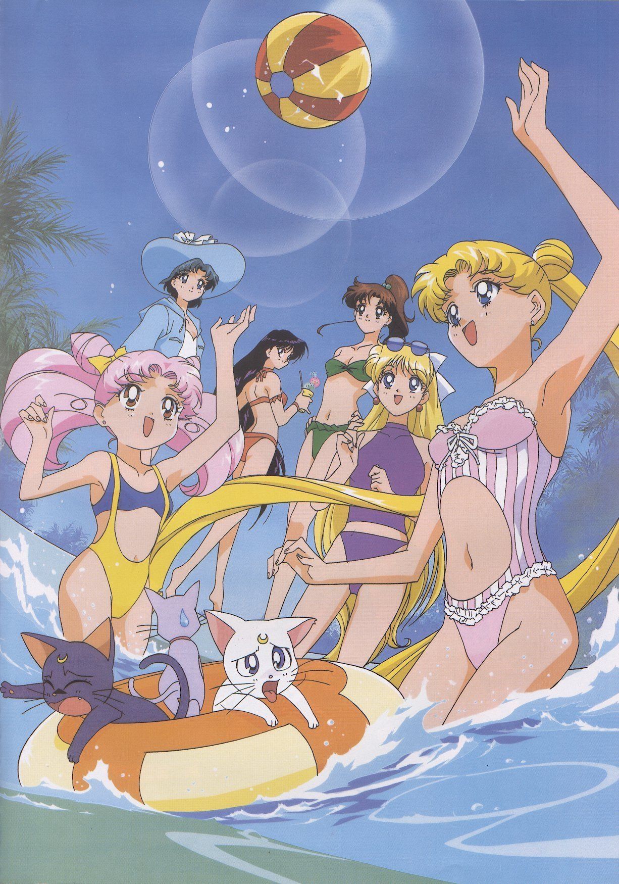 aino minako, artemis (sailor moon), chibi usa, diana (sailor moon), hino rei, kino makoto, luna (sailor moon), mizuno ami, sailor chibi moon, sailor jupiter, sailor mars, sailor mercury, sailor moon, sailor venus, tsukino usagi, bishoujo senshi sailor moon, bishoujo senshi sailor moon supers, toei company, highres, official art, scan, 1990s (style), 6+girls, armpits, ball, beachball, bikini, black cat, black hair, blonde hair, blue eyes, blue hair, bow, breasts, brown hair, cat, child, cleavage, cone hair bun, crescent, crescent facial mark, day, double bun, earrings, everyone, facial mark, food, green eyes, hair bobbles, hair bow, hair bun, hair ornament, hat, ice cream, innertube, jewelry, long hair, midriff, multiple girls, navel, open mouth, pink hair, ponytail, red eyes, retro artstyle, short hair, sky, smile, striped bikini, striped clothes, sunglasses, swim ring, swimsuit, twintails, vertical-striped bikini, vertical-striped clothes, very long hair, water