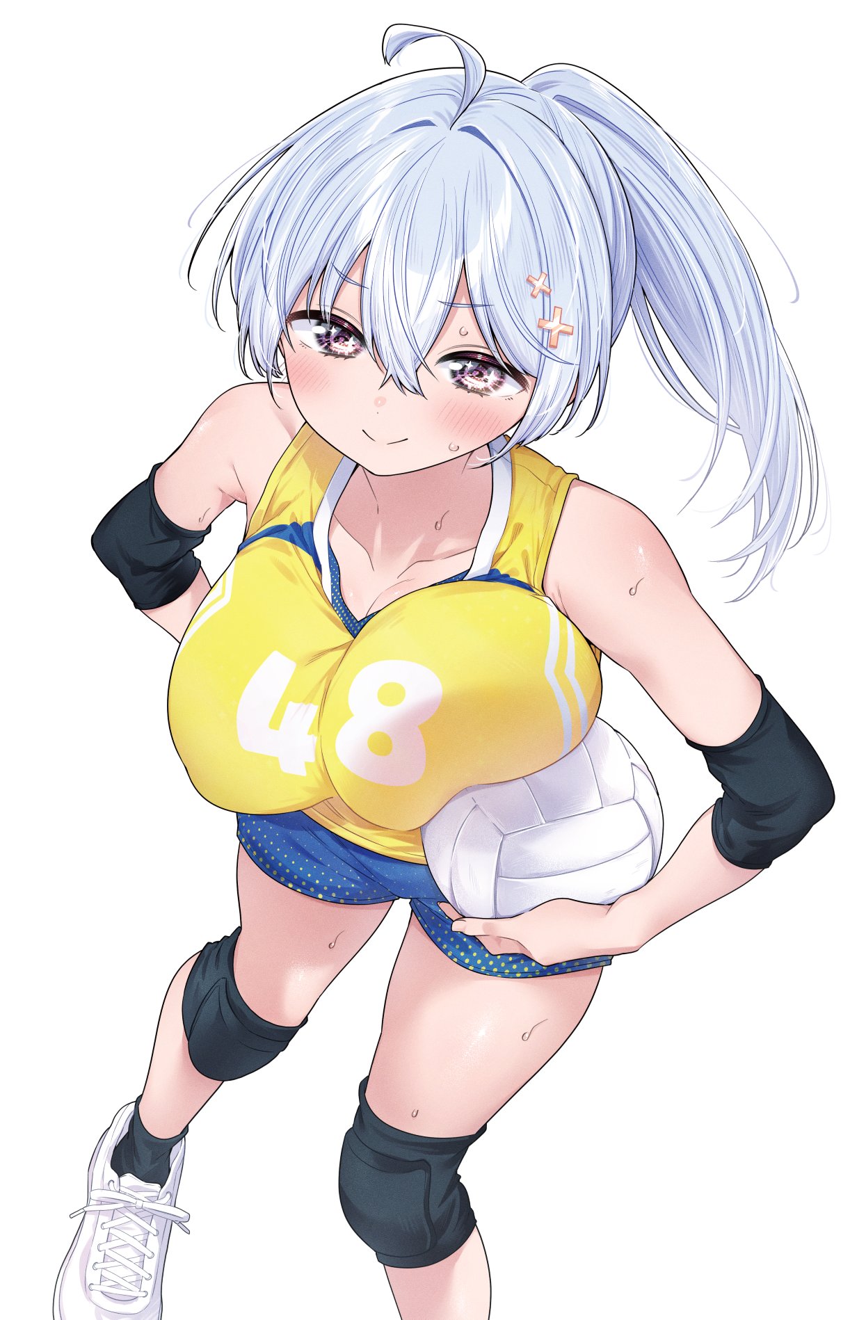 kamio fukuchi, hiwamura hiyori, yowa yowa sensei, highres, 1girl, ahoge, ball, breasts, closed mouth, collarbone, grey hair, hair ornament, holding, holding ball, knee pads, large breasts, ponytail, purple eyes, shoes, smile, solo, sportswear, sweat, volleyball (object), volleyball uniform, white shoes