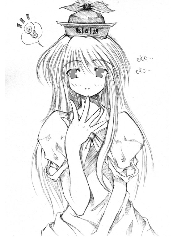 kamishirasawa keine, touhou, 1girl, blush, brooch, cowboy shot, dress, female focus, greyscale, hat, jewelry, looking to the side, monochrome, parted lips, puffy short sleeves, puffy sleeves, short sleeves, simple background, solo, white background