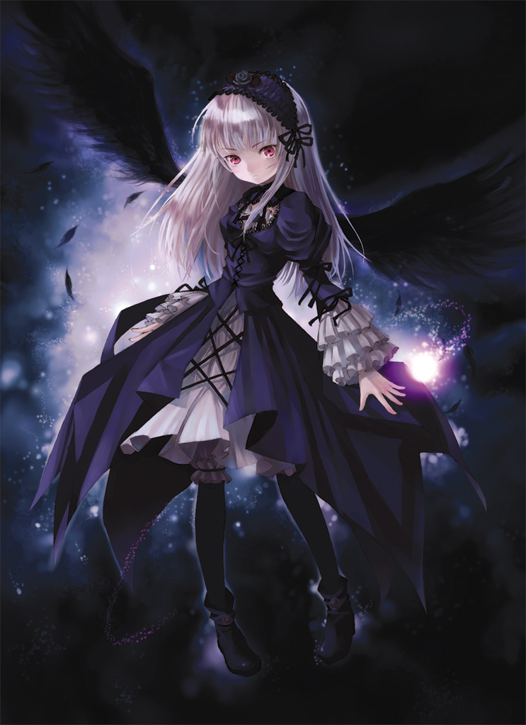 kishida mel, suigintou, rozen maiden, silver hair, 00s, 1girl, dress, feathers, female focus, frills, goth fashion, gothic lolita, hairband, lolita fashion, long hair, pink eyes, solo, thighhighs, wings