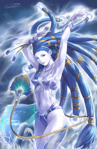 ekusa takahito, shiva (final fantasy), final fantasy, final fantasy x, 00s, 1girl, blue eyes, blue hair, blue skin, colored skin, female focus, long hair, matching hair/eyes, solo