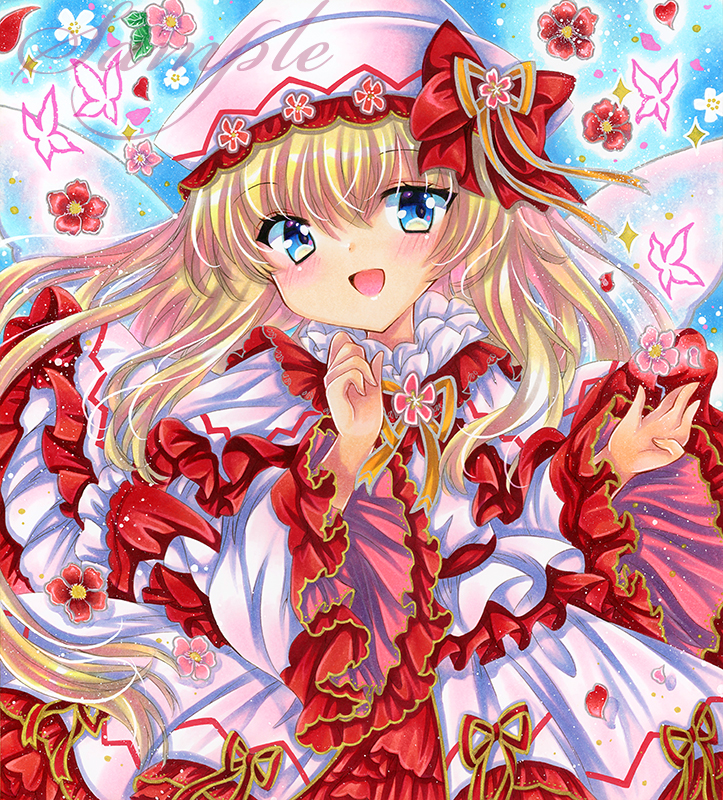 rui (sugar3), lily white, touhou, marker (medium), traditional media, 1girl, blonde hair, blue eyes, dress, flower, frilled dress, frills, hands up, hat, long hair, long sleeves, looking at viewer, open mouth, red flower, red trim, sample watermark, smile, solo, upper body, very long hair, watermark, white dress, white hat, wide sleeves