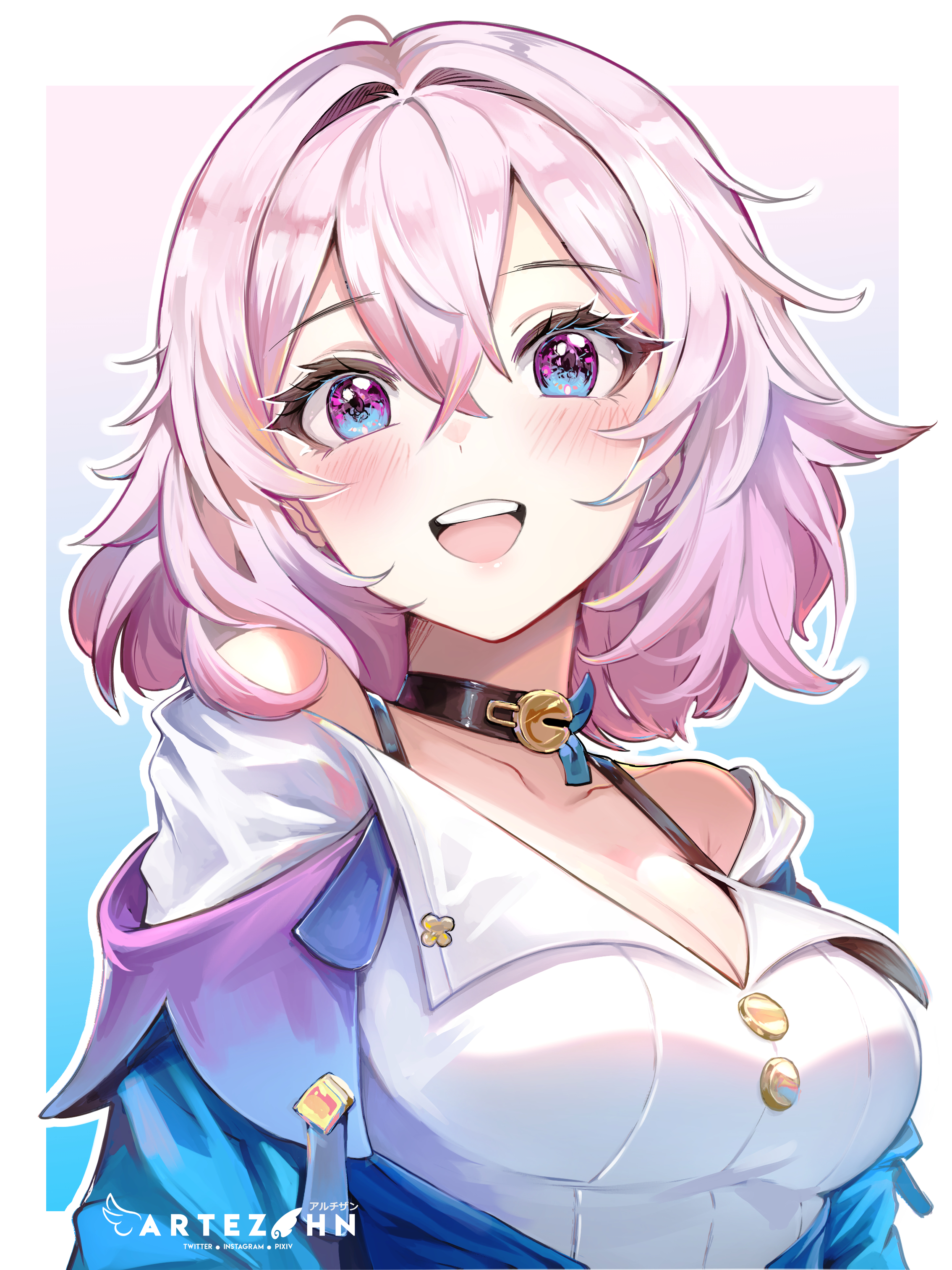 artezahn, march 7th (honkai: star rail), march 7th (preservation) (honkai: star rail), honkai: star rail, honkai (series), absurdres, commentary, english commentary, highres, 1girl, :d, bare shoulders, black choker, blue eyes, blue jacket, bra strap, breasts, choker, cleavage, hair intakes, jacket, looking at viewer, medium breasts, off shoulder, open mouth, pink hair, purple eyes, shirt, short hair, smile, solo, upper body, white shirt
