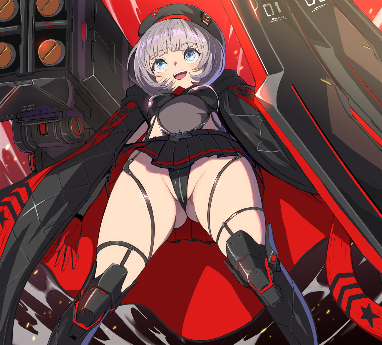 syope, vesti (nikke), vesti (tactical upgrade) (nikke), goddess of victory: nikke, 1girl, beret, black cloak, black hat, black leotard, blue eyes, breasts, cloak, crotch, gloves, gluteal fold, grey hair, hat, leotard, medium breasts, necktie, official alternate costume, open mouth, oversized hat, red necktie, rocket launcher, rpg (weapon), short hair, skindentation, skirt, smile, solo, thick thighs, thighs, weapon