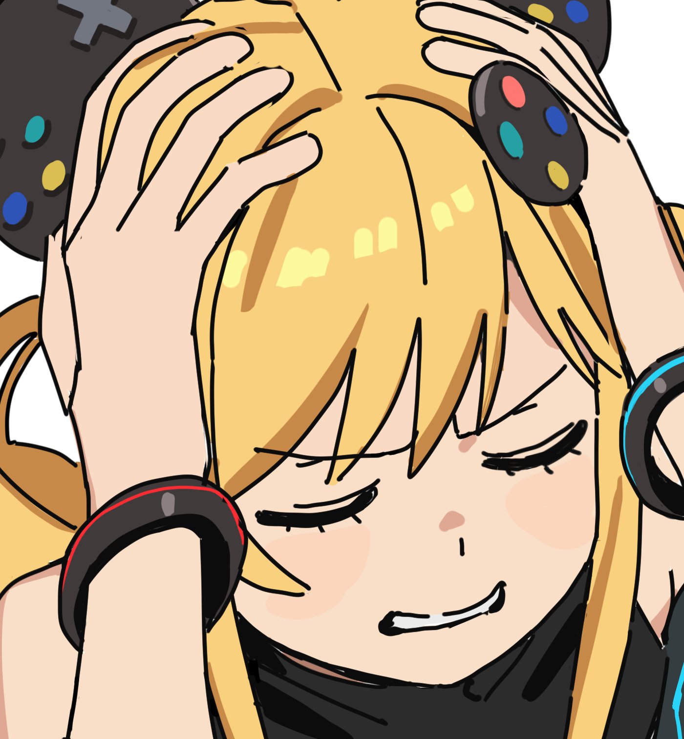 imamura ryou, highres, 1girl, blonde hair, closed eyes, controller, game controller, hands on own face, virtual youtuber, white background