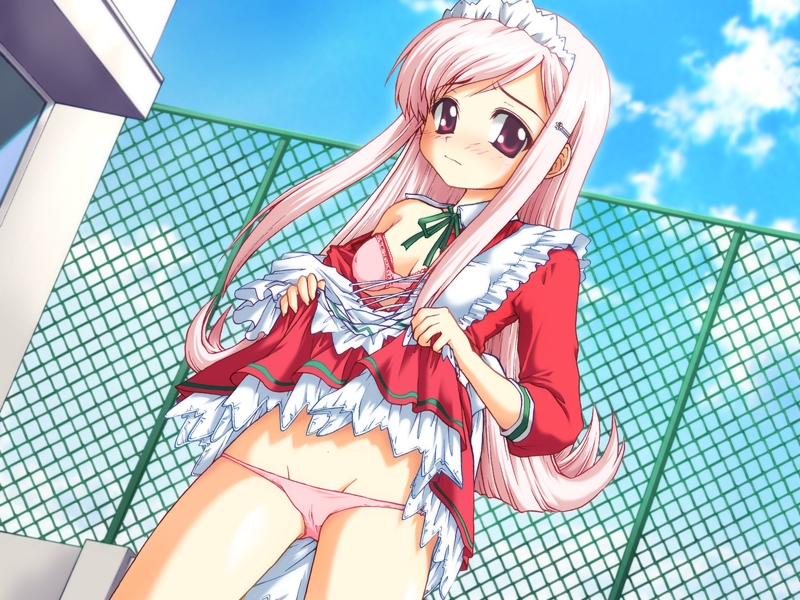 splush wave, lucy maria misora, to heart (series), to heart 2, game cg, 00s, 1girl, apron, bandeau, bare shoulders, blush, bra, breasts, cameltoe, cleavage, clothes lift, cloud, covered erect nipples, day, dress, dress lift, dutch angle, embarrassed, female focus, fence, flat chest, groin, hair ornament, hairclip, lingerie, long hair, looking at viewer, lowleg, lowleg panties, maid, maid apron, maid headdress, medium breasts, off shoulder, open clothes, outdoors, panties, parted bangs, pink bra, pink eyes, pink hair, pink panties, ribbon, rooftop, sky, solo, strapless, strapless bra, underwear, undressing, very long hair