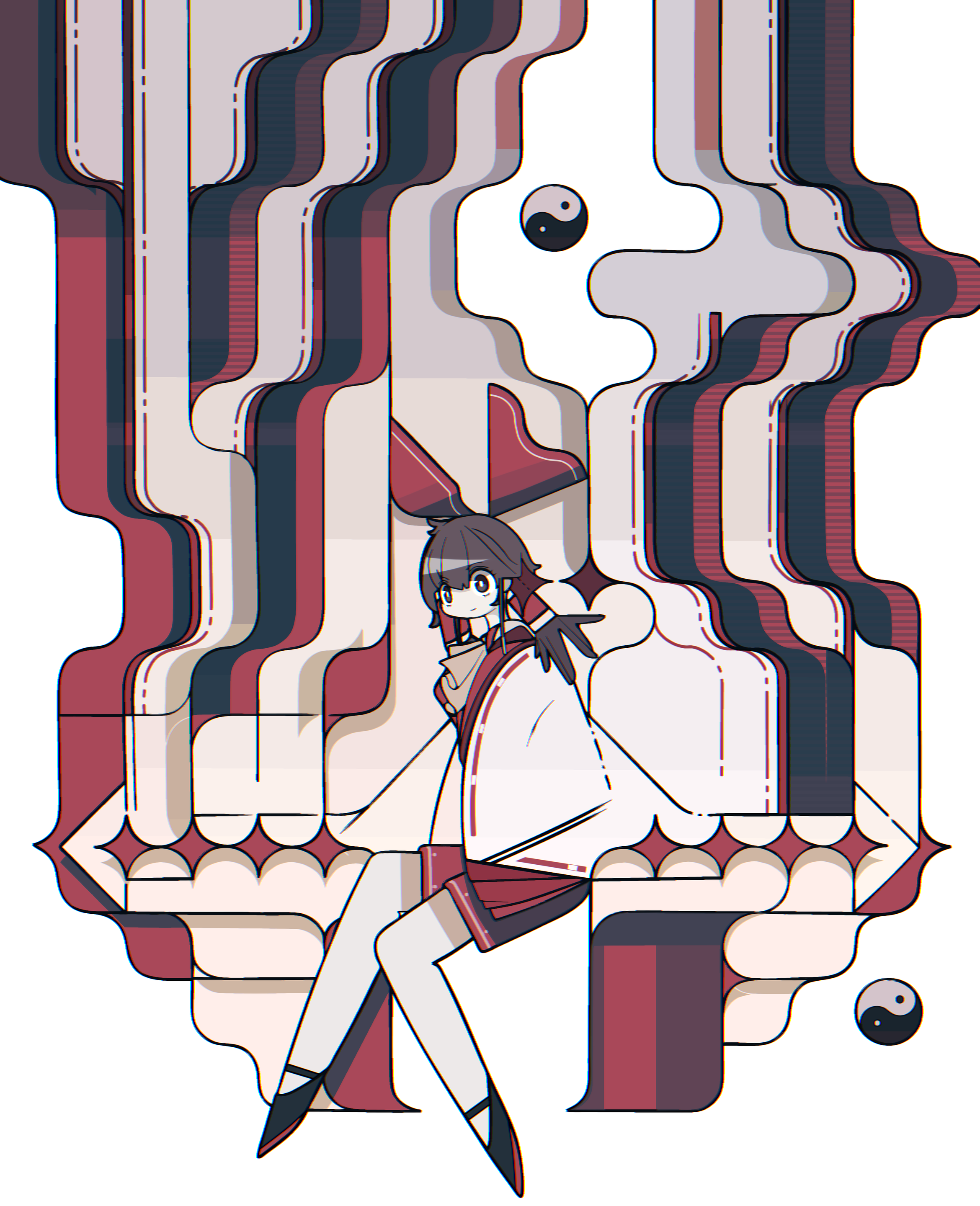 harano kaguyama, hakurei reimu, touhou, absurdres, highres, 1girl, black shoes, brown hair, full body, long sleeves, looking at viewer, orb, red skirt, shoes, sitting, skirt, solo, wide sleeves, yin yang, yin yang orb