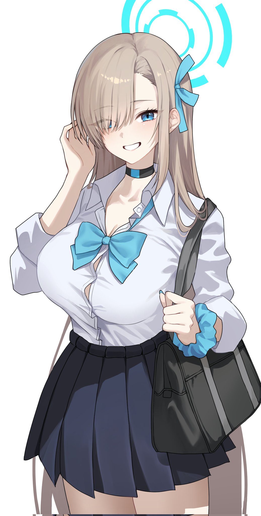 yeohye s2, asuna (blue archive), asuna (school uniform) (blue archive), blue archive, commentary, highres, 1girl, asymmetrical bangs, bag, black choker, black skirt, blue bow, blue bowtie, blue eyes, blue halo, blue nails, blue ribbon, blue scrunchie, blush, bow, bowtie, breasts, brown hair, button gap, choker, cleavage, collared shirt, cowboy shot, eyes visible through hair, grin, hair over one eye, hair ribbon, halo, hand in own hair, large breasts, long hair, looking at viewer, loose bowtie, miniskirt, nail polish, official alternate costume, parted lips, pleated skirt, ribbon, school bag, scrunchie, shirt, shirt tucked in, simple background, skirt, smile, solo, standing, straight hair, very long hair, white background, white shirt, wing collar, wrist scrunchie