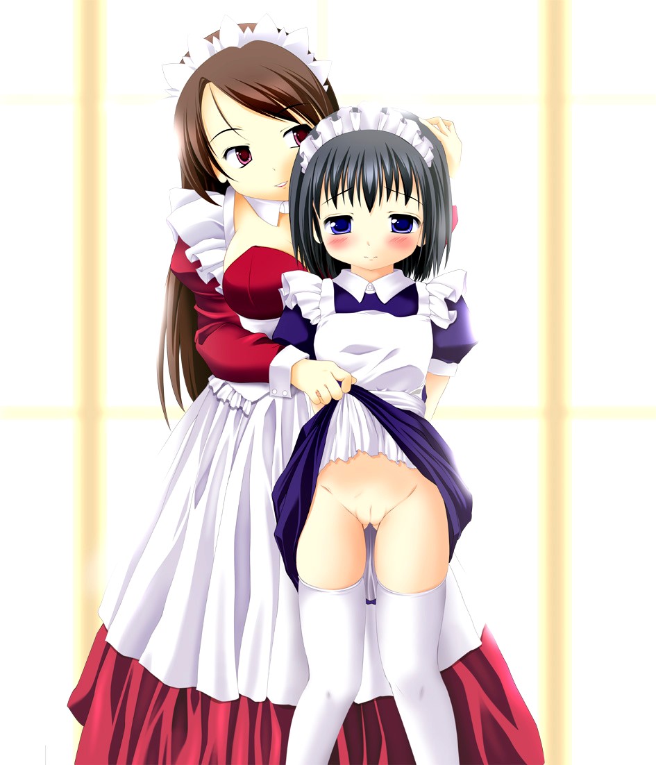 fluorite, copyright request, 2girls, blush, clothes lift, lifting own clothes, loli, maid, multiple girls, no panties, shy, skirt, skirt lift, thighhighs