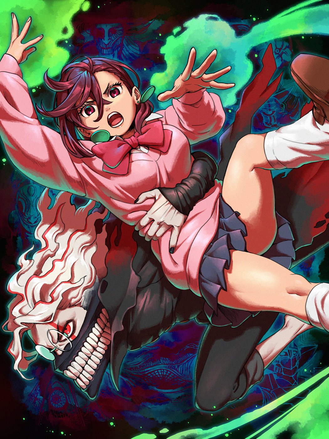 n20u28, ayase momo, takakura ken (dandadan), takakura ken (transformed) (dandadan), dandadan, commentary request, highres, 1boy, 1girl, arm around waist, black jacket, black nails, blue sky, bow, bowtie, breasts, brown eyes, brown hair, brown shoes, crossed bangs, earrings, facial mark, feet out of frame, fighting stance, gakuran, glasses, hair between eyes, hand on another's waist, jacket, jewelry, kami high school uniform, long sleeves, looking at viewer, mask, medium breasts, miniskirt, mouth mask, multicolored hair, open hands, open mouth, pants, pants rolled up, pink sweater, pleated skirt, red bow, red bowtie, red eyes, red hair, round eyewear, running, school uniform, shoes, short hair, skirt, sky, socks, sweater, telekinesis, thighs, transformation, two-tone hair, white hair, white socks
