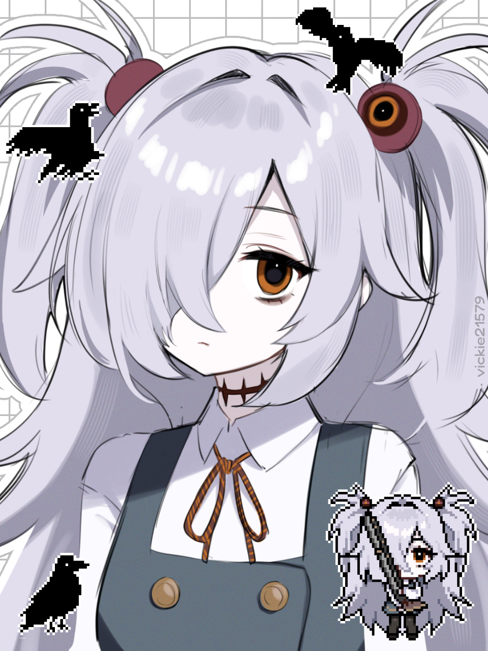 vickie (cryingrobot), kanoe (blue archive), blue archive, highres, 1girl, bird, brown eyes, chibi, chibi inset, closed mouth, crow, grey hair, hair ornament, hair over one eye, long hair, looking at viewer, neck ribbon, one eye covered, ribbon, two side up, very long hair