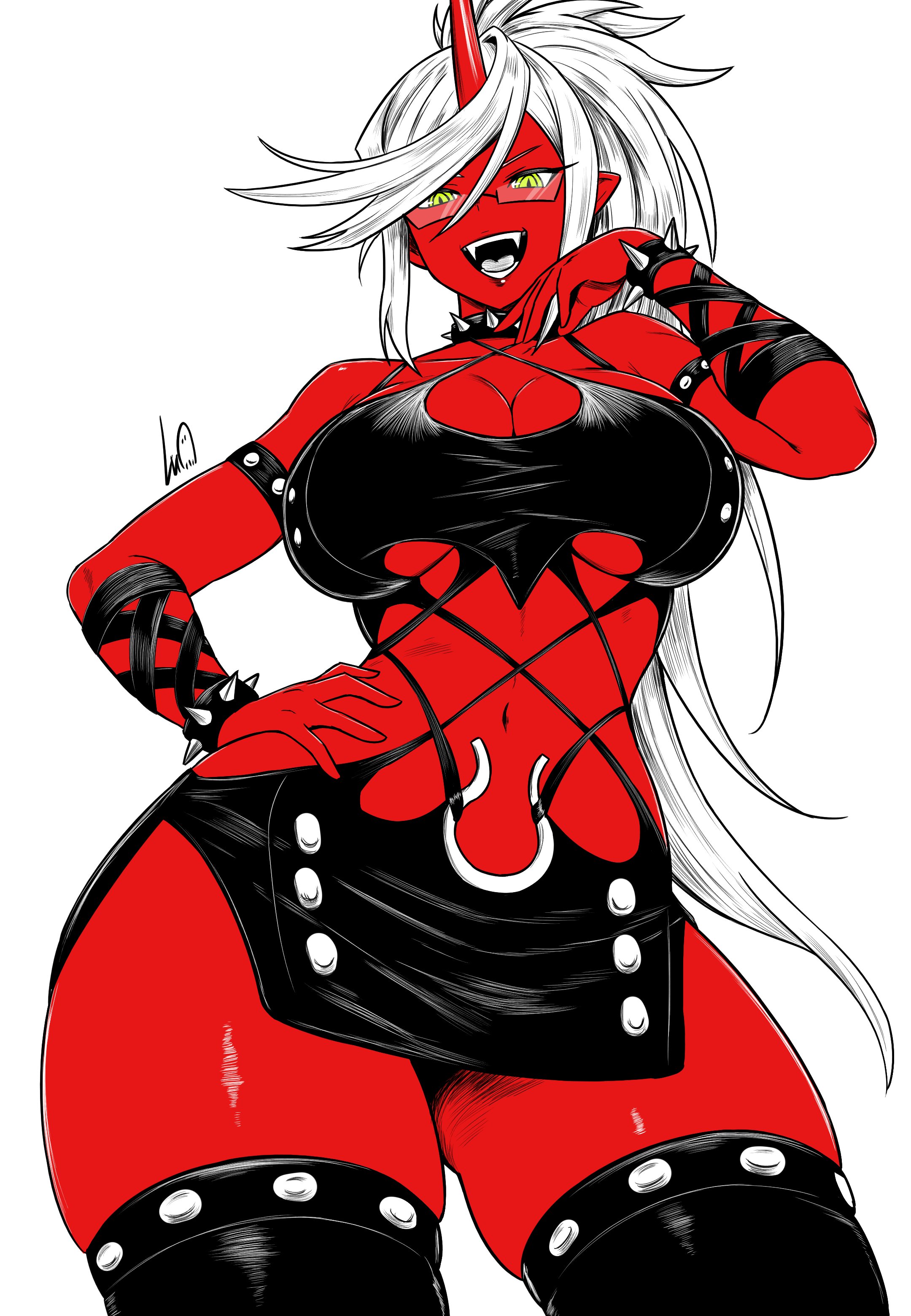 lughost, kneesocks (psg), panty & stocking with garterbelt, absurdres, highres, 1girl, armlet, black choker, blue hair, bracelet, breasts, choker, cleavage, colored skin, demon girl, fang, flipped bangs, glasses, green eyes, horns, jewelry, large breasts, long hair, looking at viewer, open mouth, pointy ears, ponytail, red skin, simple background, single horn, solo, spiked armlet, spiked bracelet, spiked choker, spikes, studded armlet, thighhighs, white background