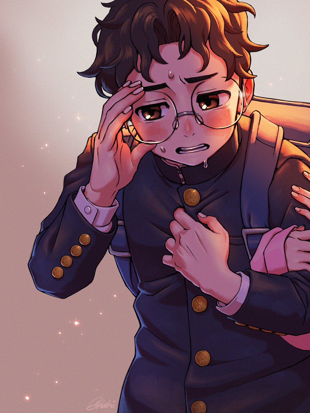 n20u28, ayase momo, takakura ken (dandadan), dandadan, commentary request, highres, 1boy, 1girl, adjusting eyewear, arm hug, averting eyes, backpack, bag, black hair, black jacket, blush, brown eyes, buttons, embarrassed, gakuran, glasses, gradient background, hand on another's shoulder, hand on own chest, holding another's arm, jacket, kami high school uniform, long sleeves, messy hair, nervous sweating, out of frame, parted lips, pink sweater, round eyewear, school uniform, short hair, shy, sweat, sweater, upper body