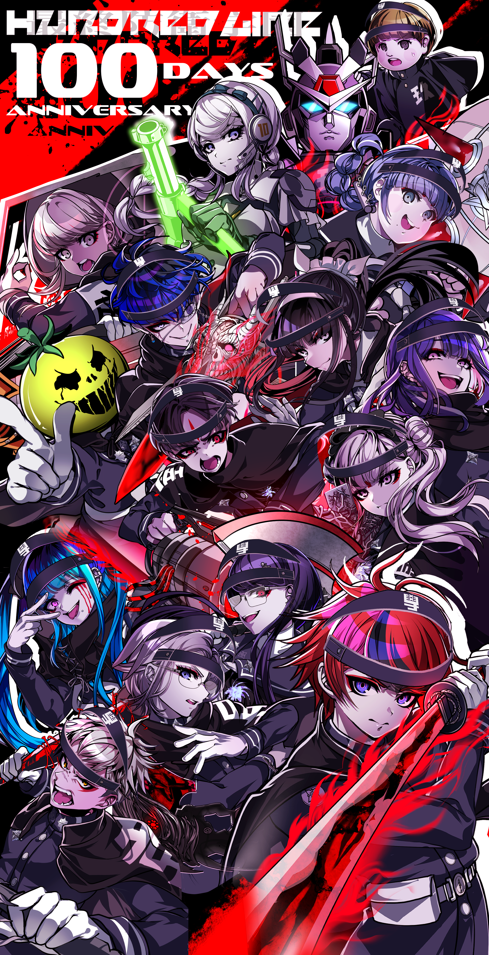 nota sayaka, amemiya darumi, aotsuki eito, ginzaki shouma, kawana tsubasa, kirifuji nozomi, magadori kyoshika, maruko gaku, mojiro moko, omokage yugamu, oosuzuki kurara, shizuhara hiruko, sumino takumi, tsukumo ima, tsukumo kako, yakushiji takemaru, the hundred line -last defense academy-, absurdres, highres, 6+boys, 6+girls, armor, axe, battle axe, black background, black bow, black cloak, black hair, black hairband, black serafuku, black streaks, blue eyes, blue hair, bow, bow hairband, braid, brown eyes, brown hair, cloak, copyright name, double bun, drop shadow, english text, everyone, eye print, eyeliner, face piercing, facial mark, forehead mark, gakuran, glasses, glowing, glowing weapon, grey eyes, grey hair, gun, hair bun, hairband, headgear, holding, holding gun, holding mace, holding sword, holding weapon, labret piercing, last defense academy school uniform, long hair, mace, makeup, masked, mecha, multicolored hair, multiple boys, multiple girls, piercing, pink eyes, pink hair, pointing, ponytail, print eyepatch, purple hair, red background, red eyeliner, red eyes, robot, school uniform, serafuku, short hair, sweatdrop, sword, tongue, tongue out, two-tone background, v, v over eye, weapon, white background, white streaks