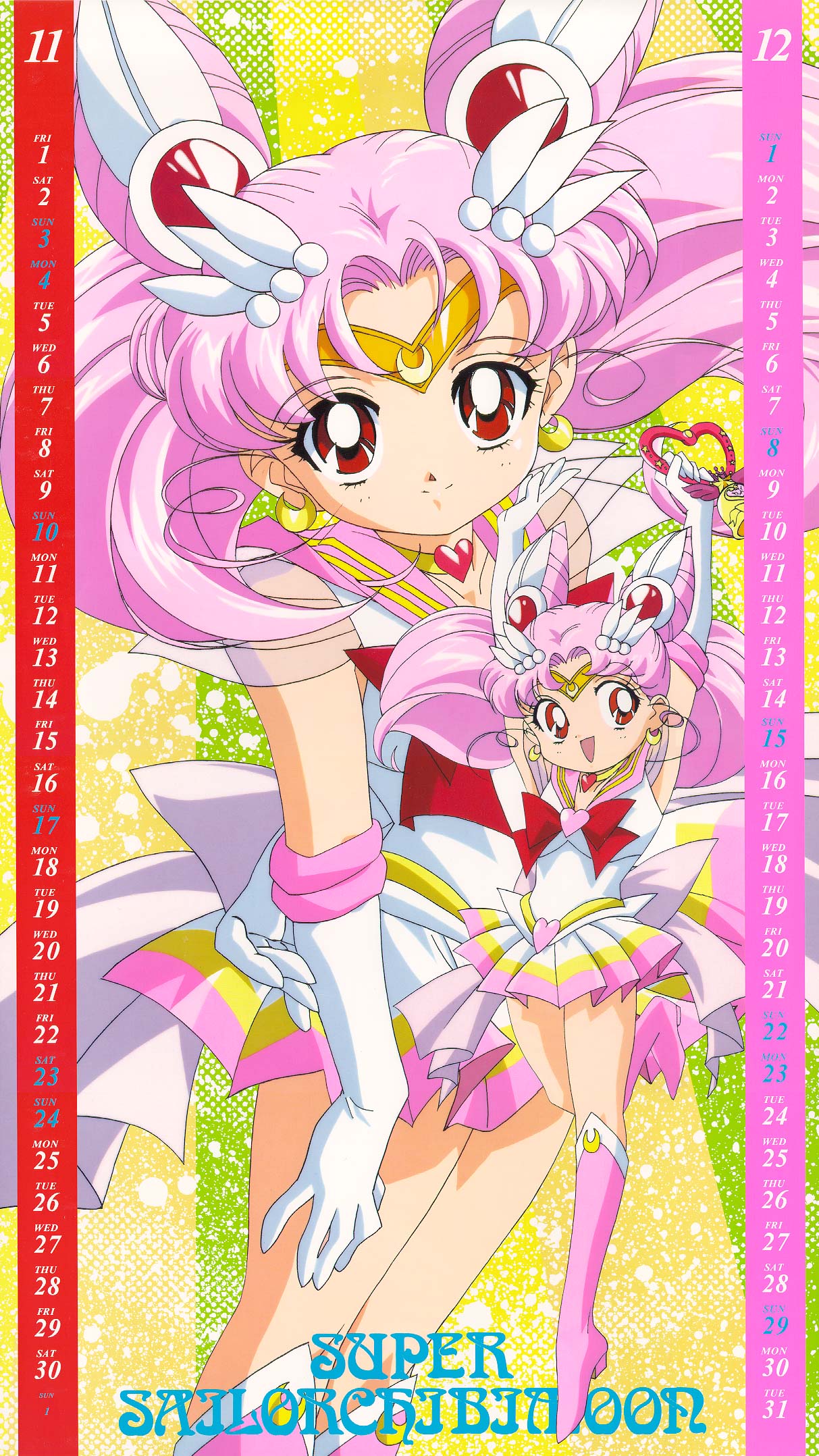 itou ikuko, chibi usa, sailor chibi moon, super sailor chibi moon, bishoujo senshi sailor moon, bishoujo senshi sailor moon supers, highres, official art, 00s, 1990s (style), 1girl, 2002, bell, boots, brooch, brown eyes, calendar, character name, child, choker, collar, cone hair bun, december, double bun, earrings, elbow gloves, female focus, gloves, hair bun, heart, heart brooch, jewelry, long hair, multicolored skirt, november, pink boots, pink hair, red eyes, retro artstyle, school uniform, serafuku, short twintails, skirt, smile, solo, tiara, twintails, white gloves