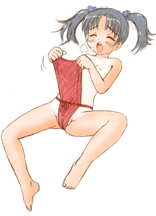 achain (nutshell), original, bad id, 1girl, black hair, breath, cameltoe, female focus, fundoshi, japanese clothes, loli, nipples, open mouth, self wedgie, short twintails, simple background, solo, twintails, wedgie, white background