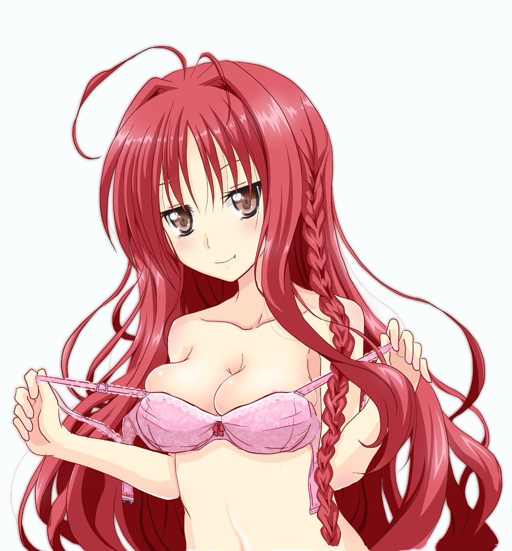 karukan (karukann), yarai miu, dracu-riot!, commentary request, 1girl, antenna hair, areola slip, artistic error, blush, bow, bow bra, bra, bra pull, braid, breasts, brown eyes, cleavage, closed mouth, clothes pull, collarbone, eyebrows hidden by hair, fang, hair between eyes, hair intakes, hands up, long hair, looking at viewer, medium breasts, pink bra, pulling own clothes, red bow, red hair, sidelocks, simple background, single braid, skindentation, smile, solo, underwear, underwear only, undressing, upper body, very long hair, w arms, wavy hair, white background
