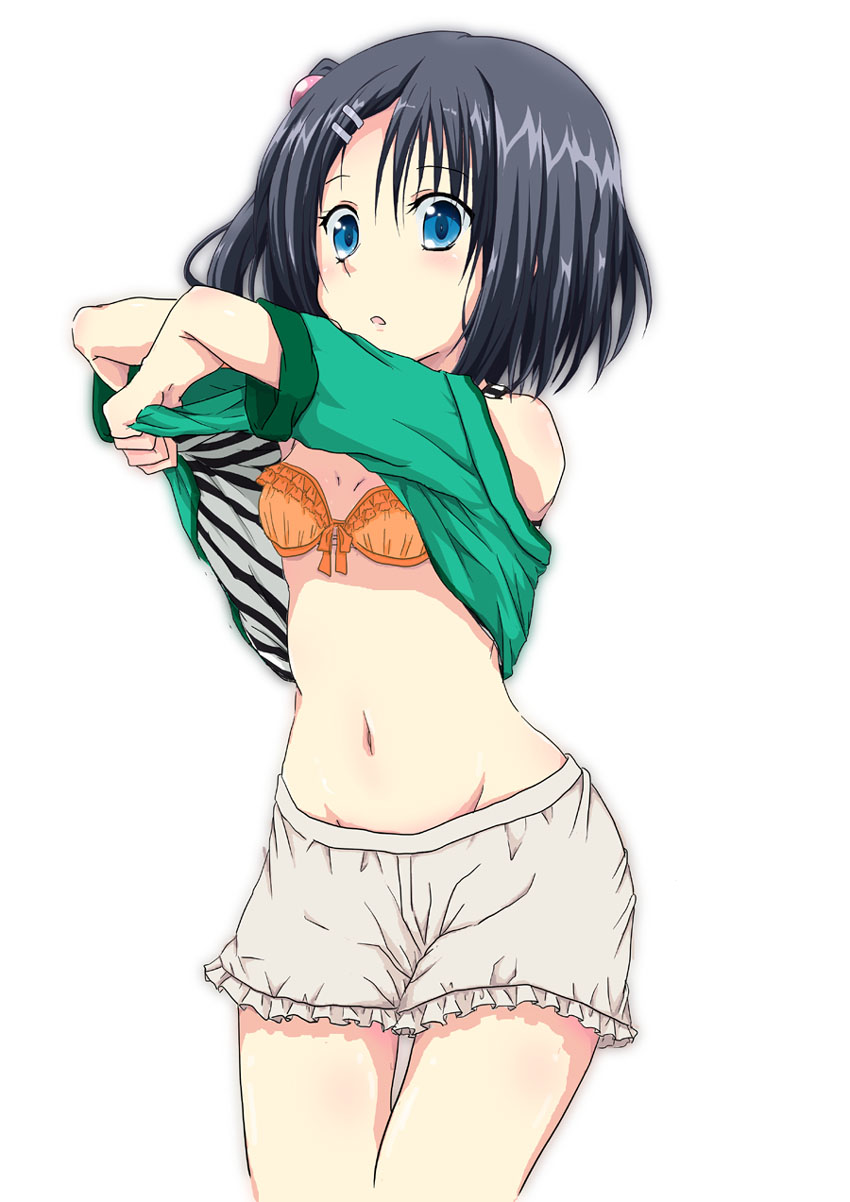 karukan (karukann), mera azusa, dracu-riot!, commentary request, highres, 1girl, :o, black hair, blue eyes, bra, breasts, camisole, clothes lift, cowboy shot, crossed arms, eyelashes, frilled bra, frilled shorts, frills, green shirt, groin, hair bobbles, hair ornament, hairclip, hands up, lifting own clothes, light blush, looking at viewer, medium hair, navel, one side up, open mouth, orange bra, parallel hairclips, pulling own clothes, shirt, shirt lift, short sleeves, shorts, simple background, single bare shoulder, small breasts, solo, stomach, straight hair, striped camisole, underwear, undressing, white background, white shorts