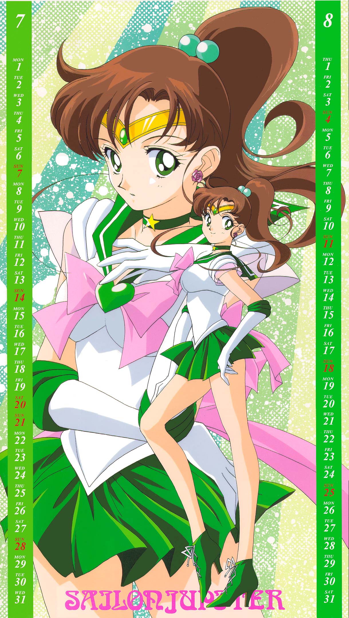 itou ikuko, kino makoto, sailor jupiter, super sailor jupiter, bishoujo senshi sailor moon, bishoujo senshi sailor moon supers, highres, official art, 00s, 1990s (style), 1girl, 2002, august, boots, bow, brooch, brown hair, calendar, character name, choker, circlet, earrings, elbow gloves, female focus, flower, gloves, green boots, green eyes, green skirt, green theme, hair bobbles, hair ornament, heart, heart brooch, high heels, jewelry, july, magical girl, pink bow, pleated skirt, ponytail, retro artstyle, rose, school uniform, serafuku, shoes, skirt, smile, solo, star (symbol), tiara, wavy hair, white gloves
