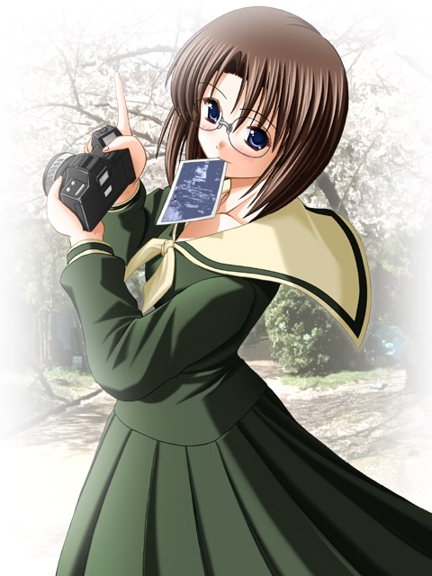 takeshima tsutako, maria-sama ga miteru, 00s, 1girl, blue eyes, brown hair, camera, female focus, from above, glasses, holding, holding camera, looking at viewer, looking back, looking up, mouth hold, photo (object), school uniform, serafuku, short hair, smile, solo