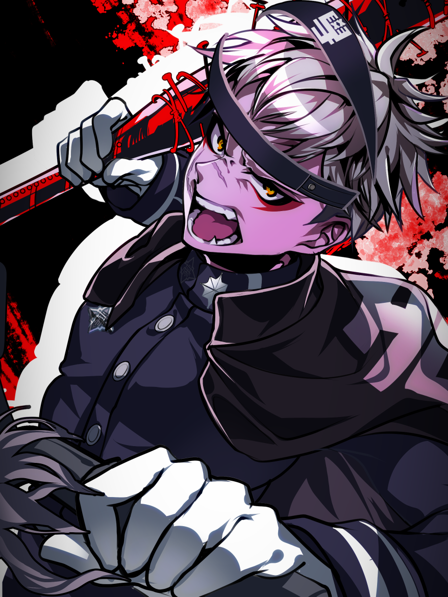 nota sayaka, yakushiji takemaru, the hundred line -last defense academy-, 1boy, baseball bat, black background, black cape, cape, drop shadow, eyeliner, facial scar, gloves, grey hair, headgear, holding, holding baseball bat, holding weapon, last defense academy school uniform, looking at viewer, makeup, male focus, nail (hardware), nail bat, open mouth, red background, red eyeliner, scar, scar on cheek, scar on face, scar on nose, school uniform, short hair, solo, teeth, two-tone background, weapon, white gloves, yellow eyes