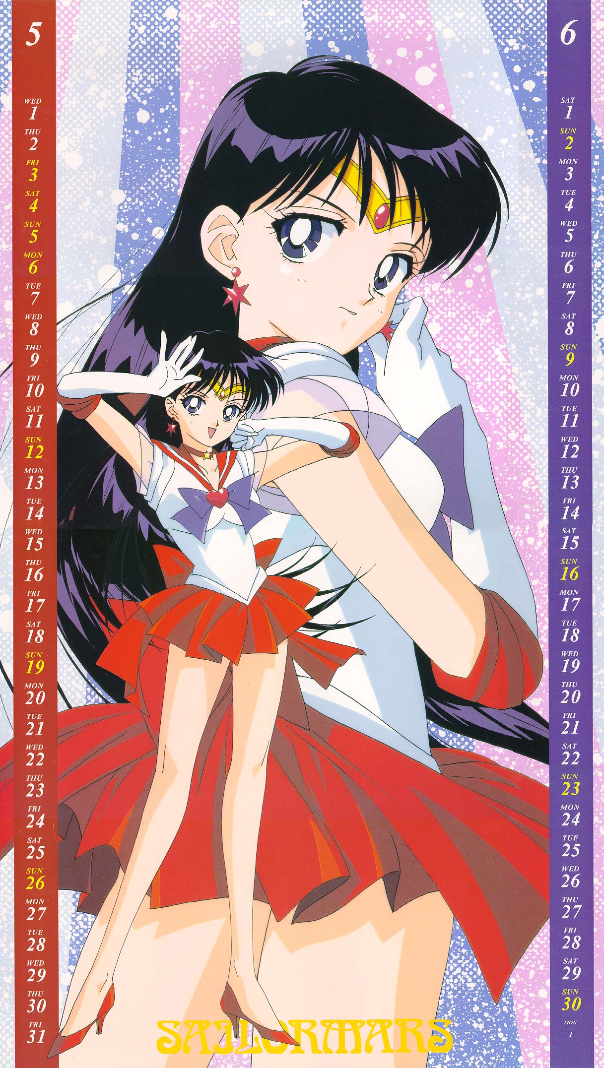 itou ikuko, hino rei, sailor mars, super sailor mars, bishoujo senshi sailor moon, bishoujo senshi sailor moon supers, highres, official art, 00s, 1990s (style), 1girl, 2002, black hair, bow, brooch, calendar, character name, choker, circlet, earrings, elbow gloves, female focus, gloves, heart, heart brooch, high heels, jewelry, june, legs, long hair, magical girl, pleated skirt, purple eyes, red skirt, retro artstyle, school uniform, serafuku, shoes, skirt, solo, star (symbol), star earrings, tiara, white gloves