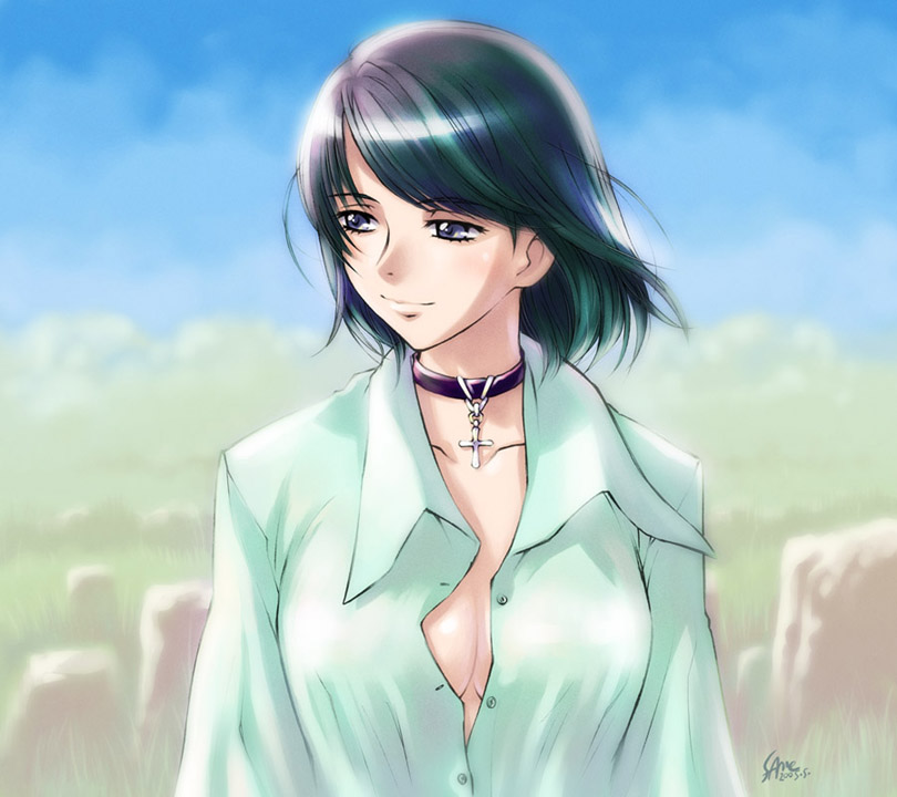 sameha ikuya, kanina shizuka, maria-sama ga miteru, 00s, 1girl, breasts, choker, cleavage, cross, female focus, large breasts, latin cross, long sleeves, no bra, open clothes, open shirt, shirt, solo