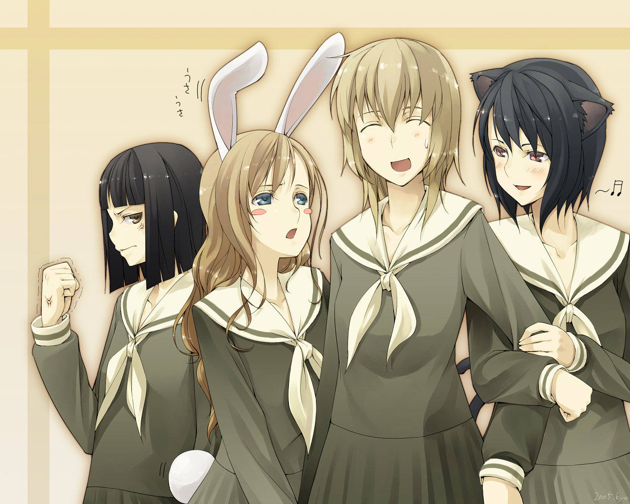 kyo (kuroichigo), kanina shizuka, nijou noriko, satou sei, toudou shimako, maria-sama ga miteru, 00s, animal ears, cat ears, pleated skirt, rabbit ears, school uniform, serafuku, skirt