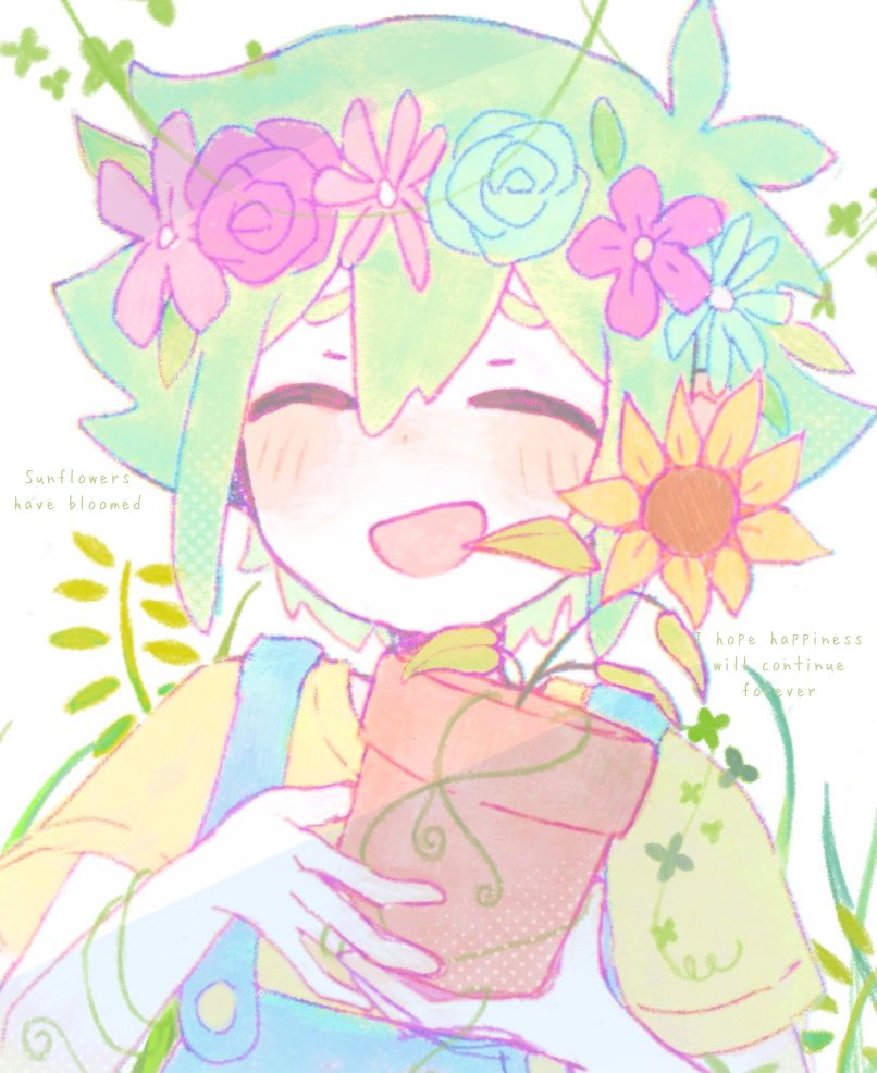 basil (headspace) (omori), basil (omori), omori, 1boy, 5oh h, antenna hair, blue overalls, breasts, cleavage, colored skin, double-parted bangs, flower, flower pot, green hair, green shirt, hair between eyes, head wreath, holding, holding flower pot, male focus, overalls, plant, potted plant, shirt, short hair, short sleeves, sidelocks, solo, sunflower, t-shirt, upper body, white skin