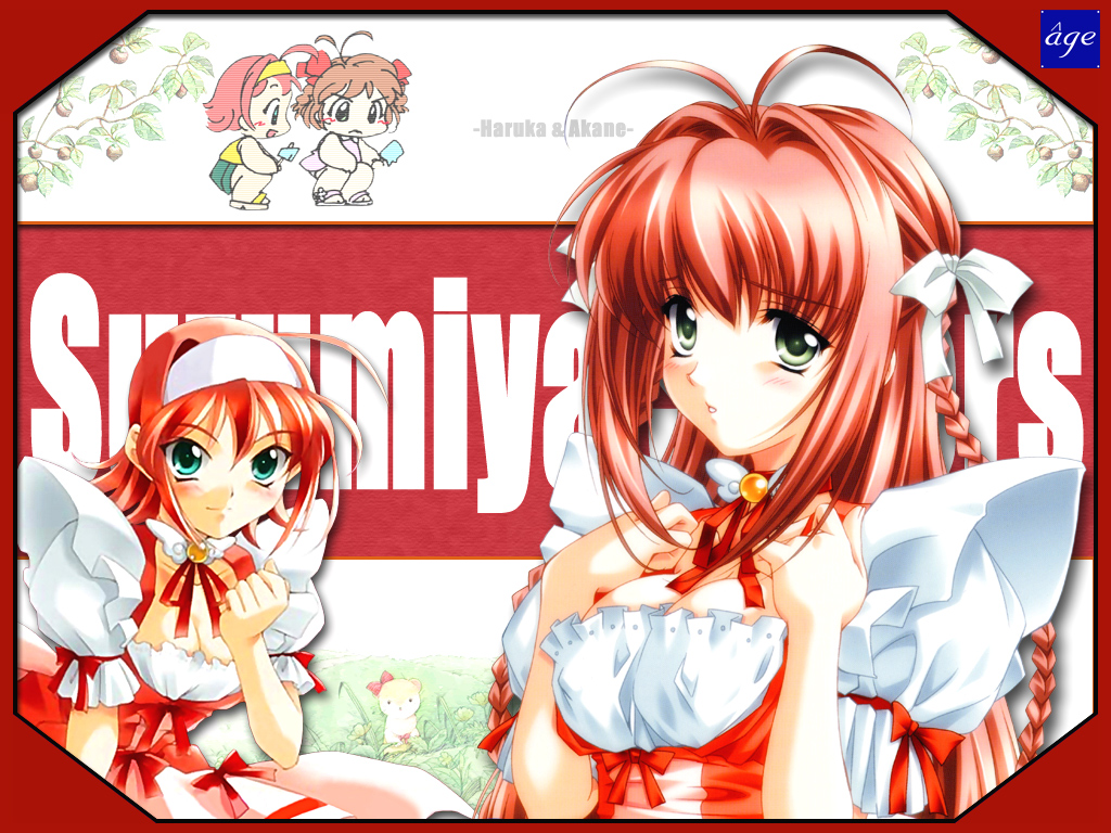 baka ouji persia, suzumiya akane, suzumiya haruka, kimi ga nozomu eien, 00s, 2girls, antenna hair, aqua eyes, blush, braid, breasts, cleavage, hairband, large breasts, long hair, maid, medium breasts, multiple girls, red hair, short hair, twin braids, waitress