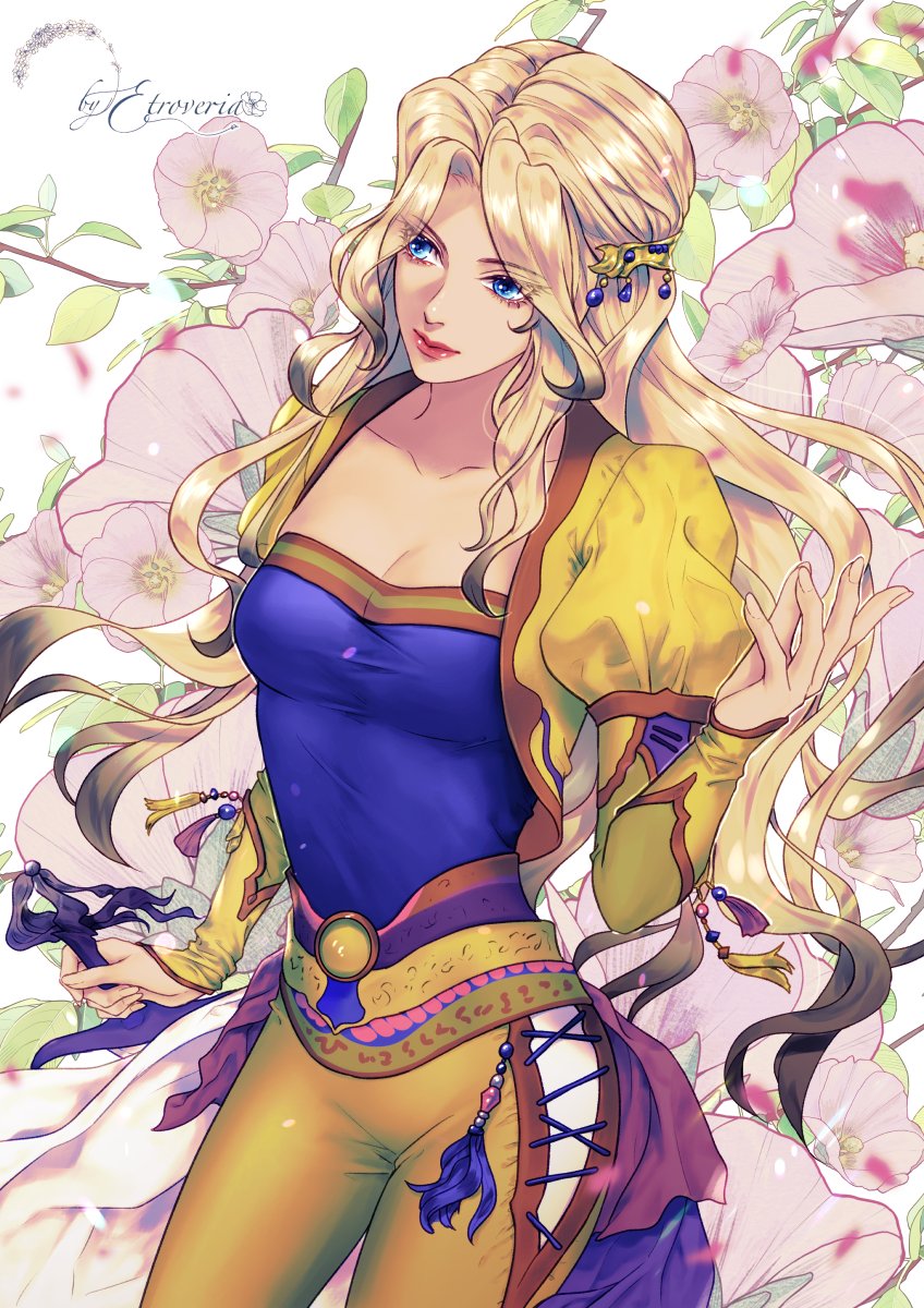 etroveria, celes chere, final fantasy, final fantasy vi, commentary, english commentary, highres, 1girl, artist name, blonde hair, blue eyes, blue shirt, breasts, cleavage, closed mouth, clothing cutout, cowboy shot, floral background, flower, hair ornament, hip vent, jacket, lips, long hair, medium breasts, open clothes, open jacket, pants, parted bangs, pink flower, puffy sleeves, shirt, solo, yellow jacket, yellow pants