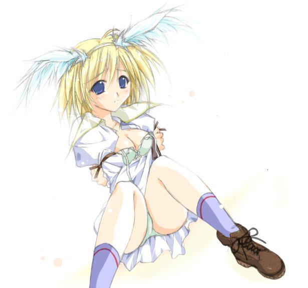 gm, tokita, game master, ragnarok online, 1girl, blonde hair, blue eyes, blush, bra, breasts, cleavage, dress, female focus, green bra, green panties, hairband, lace, lace-trimmed bra, lace trim, lingerie, medium breasts, open clothes, open dress, panties, pantyshot, shoes, short hair, sitting, skirt, socks, solo, underwear, upskirt, white dress, white skirt
