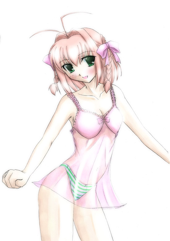 suzumiya haruka, kimi ga nozomu eien, 00s, 1girl, blush, braid, breasts, female focus, green eyes, lingerie, panties, solo, striped clothes, striped panties, underwear