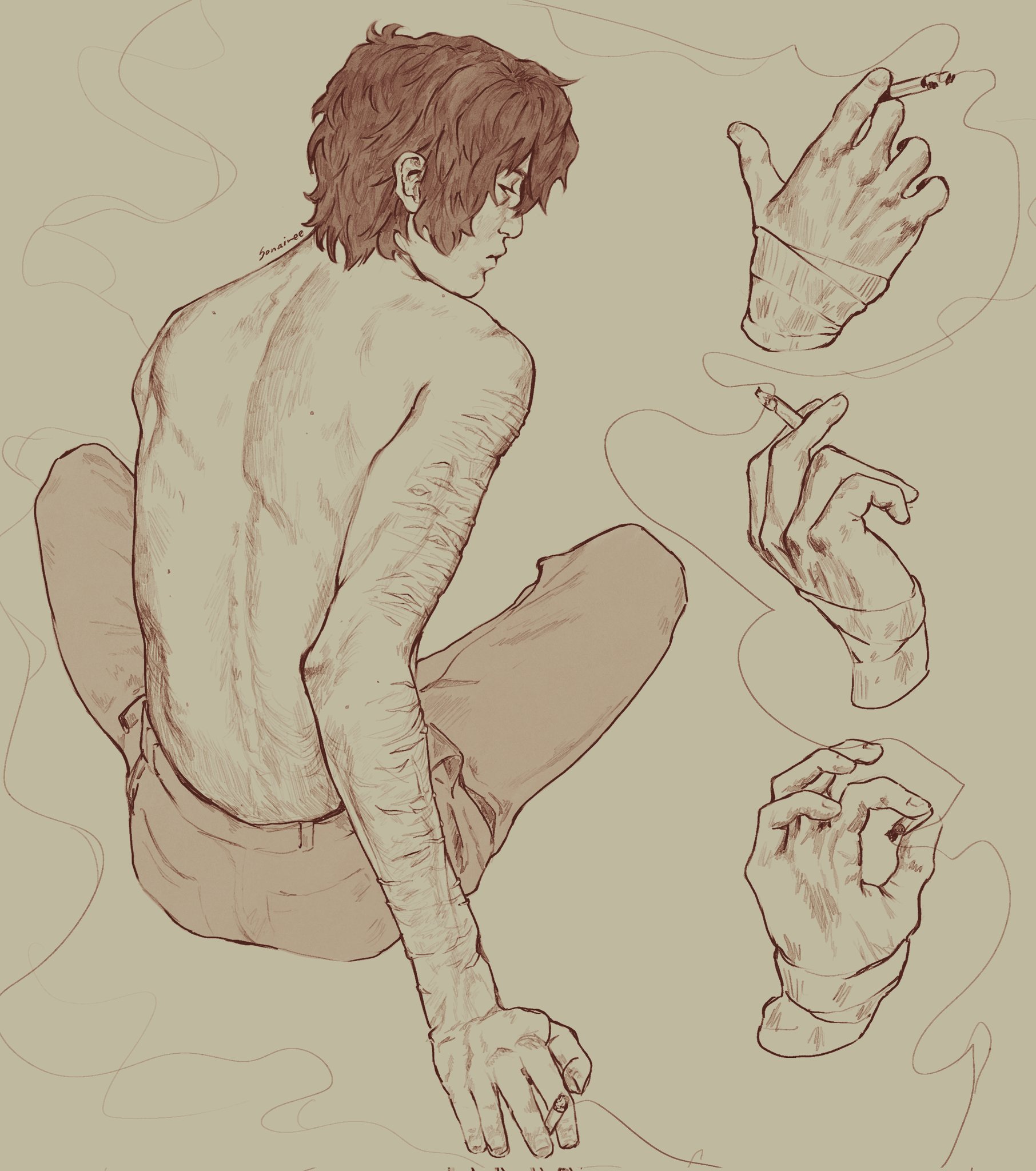 dazai osamu (bungou stray dogs), bungou stray dogs, commentary, english commentary, highres, 1boy, black hair, cigar, cigarette, crossed ankles, denim, from behind, full body, holding, holding cigar, holding cigarette, jeans, knees up, leaning back, limited palette, looking at viewer, looking back, male focus, messy hair, multiple scars, multiple views, no shirt, on ground, pants, scar, scar on arm, scar on hand, self-harm scar, short hair, sitting, smoke, smoke trail, solo, sonaireeart, wrist cutting