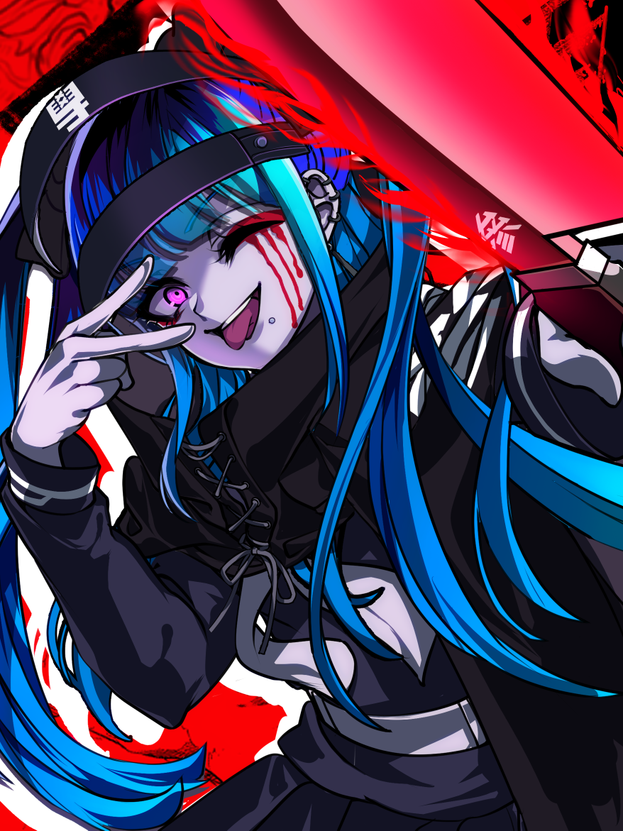 nota sayaka, amemiya darumi, the hundred line -last defense academy-, 1girl, black background, black cloak, black hair, blue hair, cloak, drop shadow, ear piercing, eyeliner, gloves, glowing, glowing weapon, holding, holding knife, holding weapon, knife, last defense academy school uniform, long hair, looking at viewer, makeup, multicolored hair, neckerchief, piercing, pink eyes, red background, red eyeliner, runny makeup, school uniform, smile, solo, tongue, tongue out, twintails, two-tone background, v, v over eye, weapon, white gloves, white neckerchief