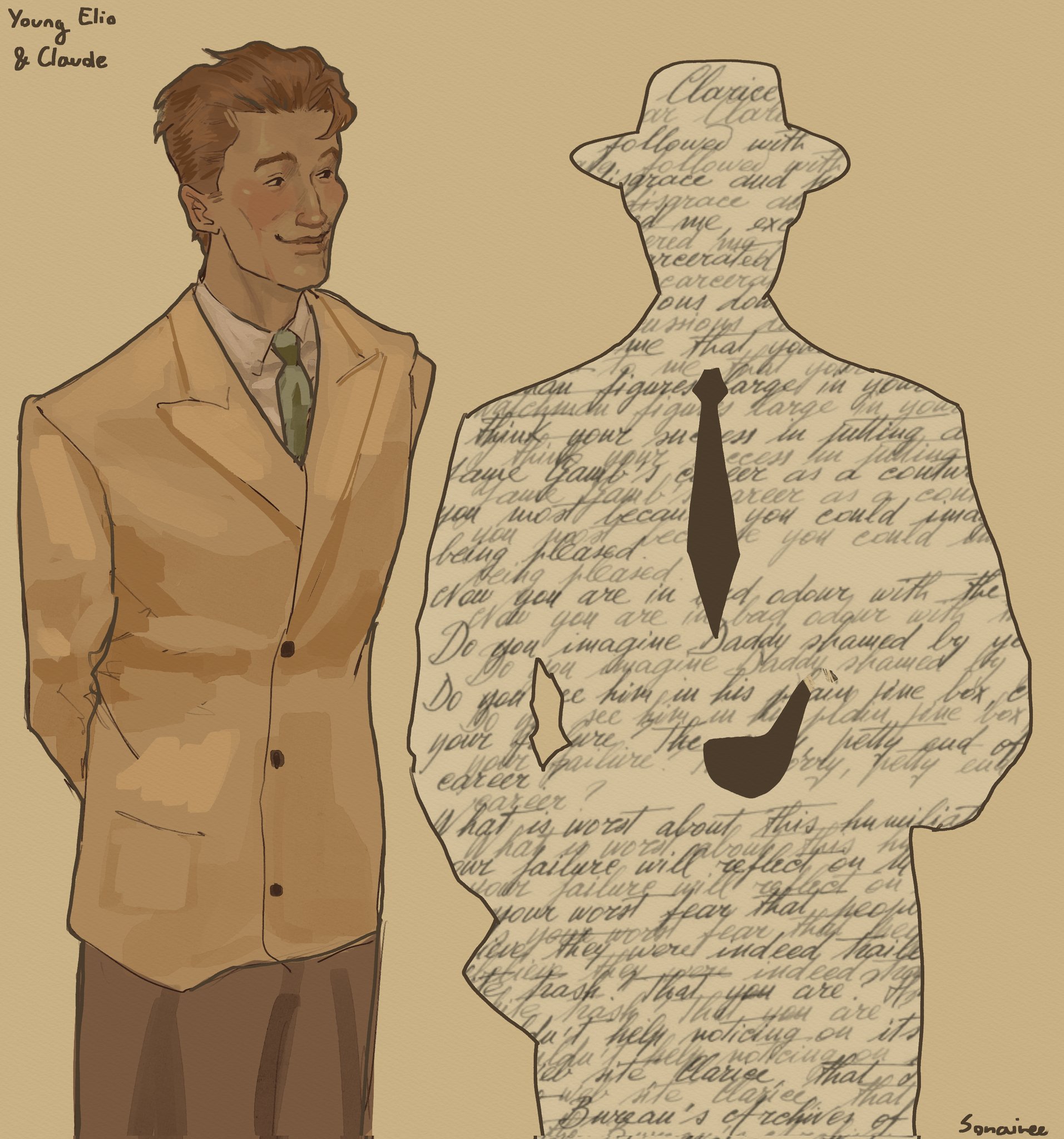original, highres, 1boy, 1other, adjusting clothes, adjusting necktie, arms behind back, black necktie, black outline, brown eyes, brown hair, collared shirt, english text, faceless, facing viewer, fake transparency, fedora, formal clothes, green necktie, hair slicked back, hand in pocket, hat, looking at another, necktie, outline, shirt, smile, sonaireeart, standing, suit, text background, upper body, white shirt, yellow suit