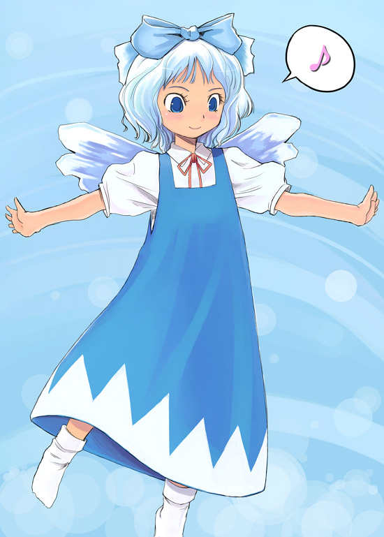 yuu (kfc), cirno, embodiment of scarlet devil, touhou, 1girl, blouse, blue background, bow, dress, female focus, pinafore dress, shirt, sleeveless dress, socks, solo, standing, white shirt, white socks