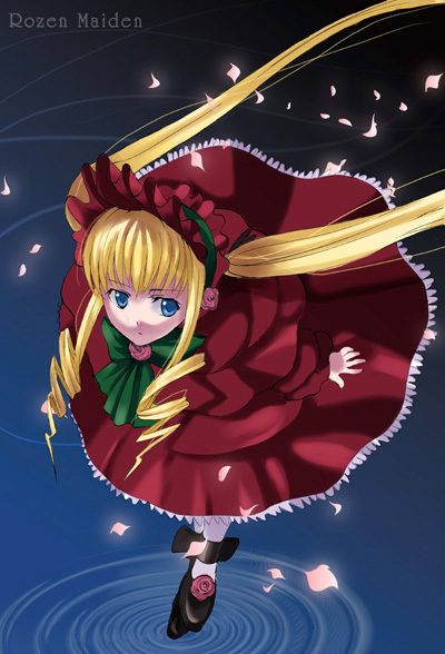 inue shinsuke, shinku, rozen maiden, 00s, 1girl, blonde hair, blue eyes, bonnet, bow, copyright name, dress, drill hair, female focus, flower, full body, leaning forward, lolita fashion, long hair, long sleeves, petals, red dress, rose, shoes, solo, standing, standing on liquid, twintails, very long hair