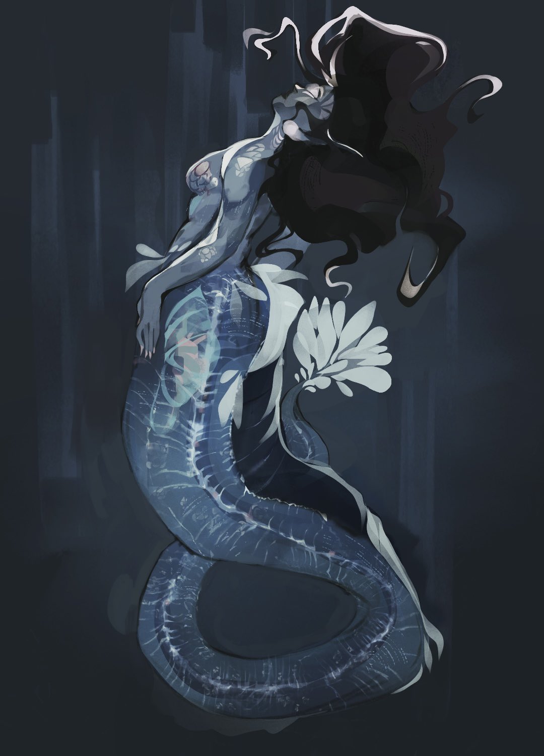 junbuug, original, facing up, commentary, english commentary, highres, 1girl, black hair, breasts, coiled, curly hair, fins, fish tail, floating, from behind, full body, hair flowing over, limited palette, long hair, mermaid, monster girl, scales, solo, tail, very long hair