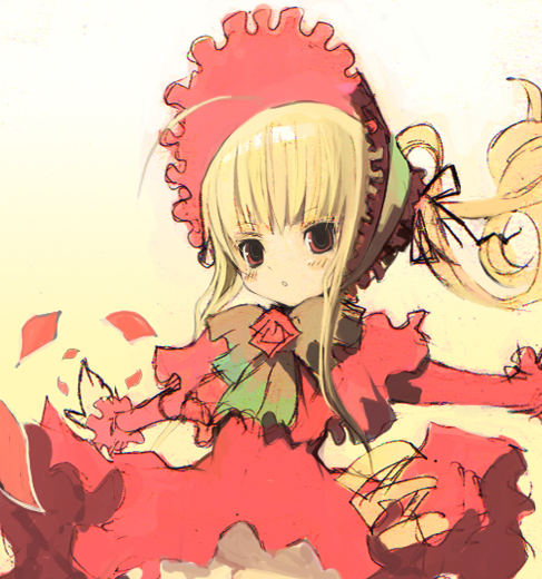 shinku, rozen maiden, 00s, 1girl, blonde hair, blush, bonnet, bow, capelet, dress, female focus, lolita fashion, long hair, long sleeves, outstretched arms, red dress, red eyes, solo, spread arms, twintails