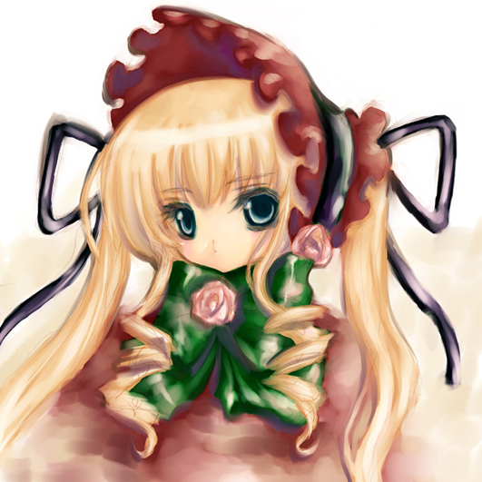 togawa hanamaru, shinku, rozen maiden, eyebrows, 00s, 1girl, aqua eyes, blonde hair, bow, bowtie, colored eyelashes, female focus, flower, frilled hat, frills, hat, looking at viewer, no mouth, pink flower, pink rose, red hat, rose, simple background, solo, upper body, yellow background
