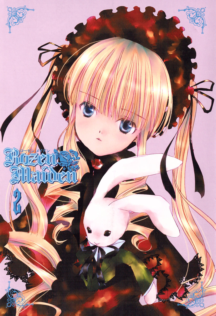 peach-pit, shinku, rozen maiden, highres, 00s, 1girl, blonde hair, blue eyes, bonnet, capelet, copyright name, drill hair, female focus, grey background, hair ribbon, hat, head tilt, lolita fashion, long hair, looking at viewer, rabbit, ribbon, simple background, solo, twintails, upper body