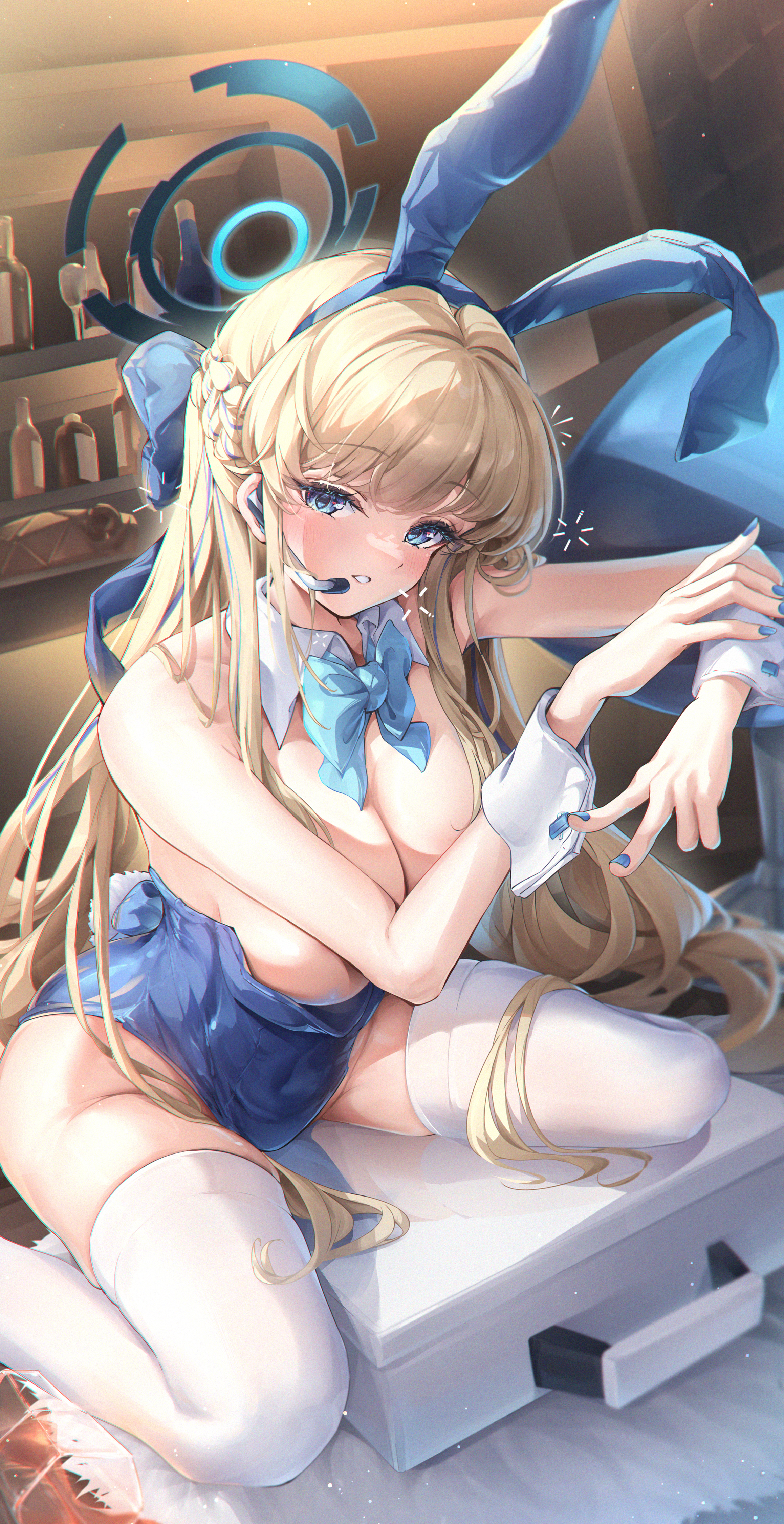 norimori, toki (blue archive), toki (bunny) (blue archive), blue archive, absurdres, commentary request, highres, 1girl, animal ears, bar (place), bare shoulders, blonde hair, blue bow, blue bowtie, blue eyes, blue hair, blue halo, blue nails, bottle, bow, bowtie, breasts, bunny day, cleavage, fake animal ears, halo, indoors, large breasts, leotard, long hair, multicolored hair, official alternate costume, playboy bunny, rabbit ears, solo, streaked hair, thighhighs, thighs, very long hair, white thighhighs, wine bottle, wrist cuffs